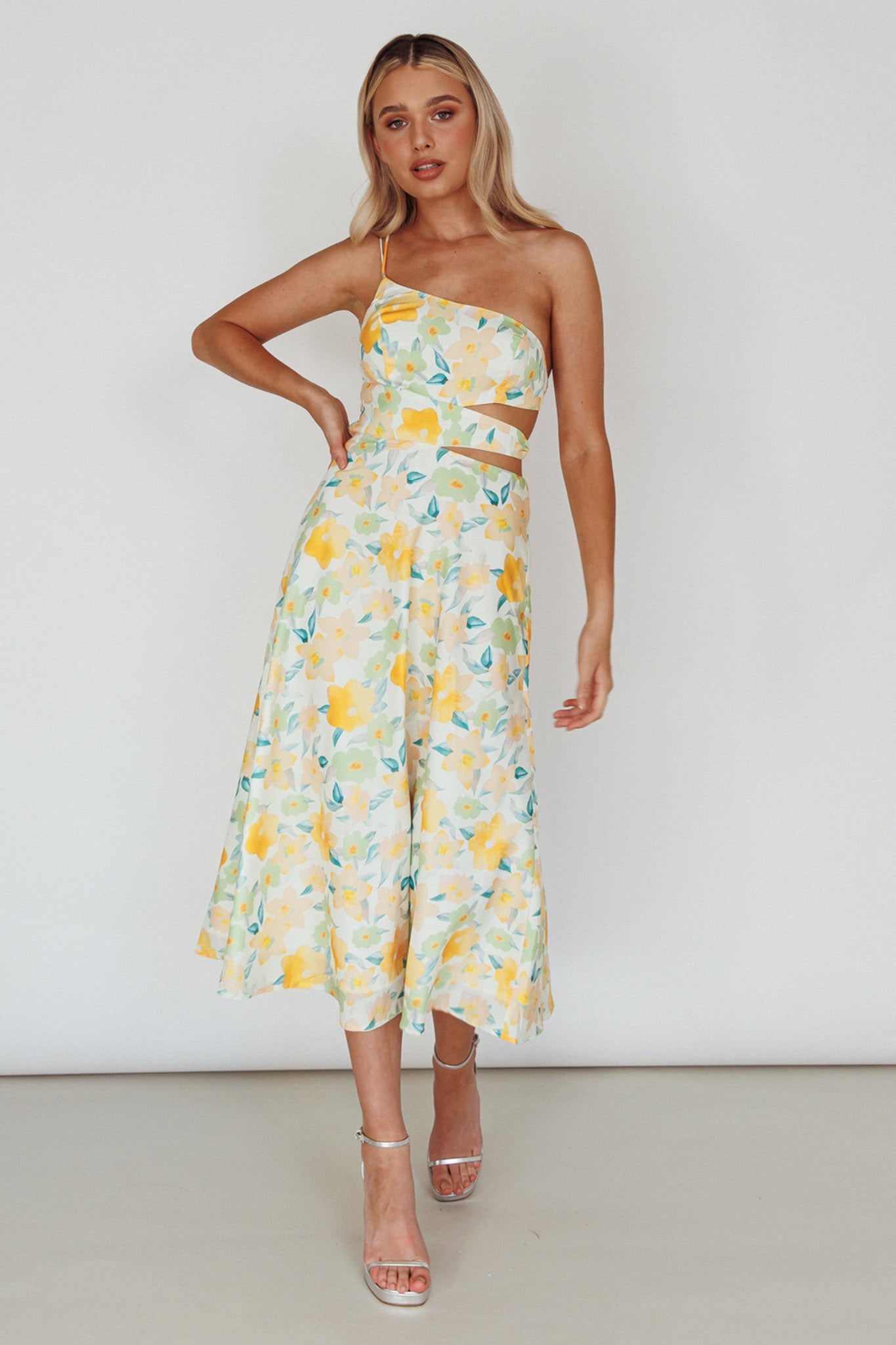 Halia One-Shoulder A-Line Midi Dress Floral Yellow by Selfie Leslie Australia