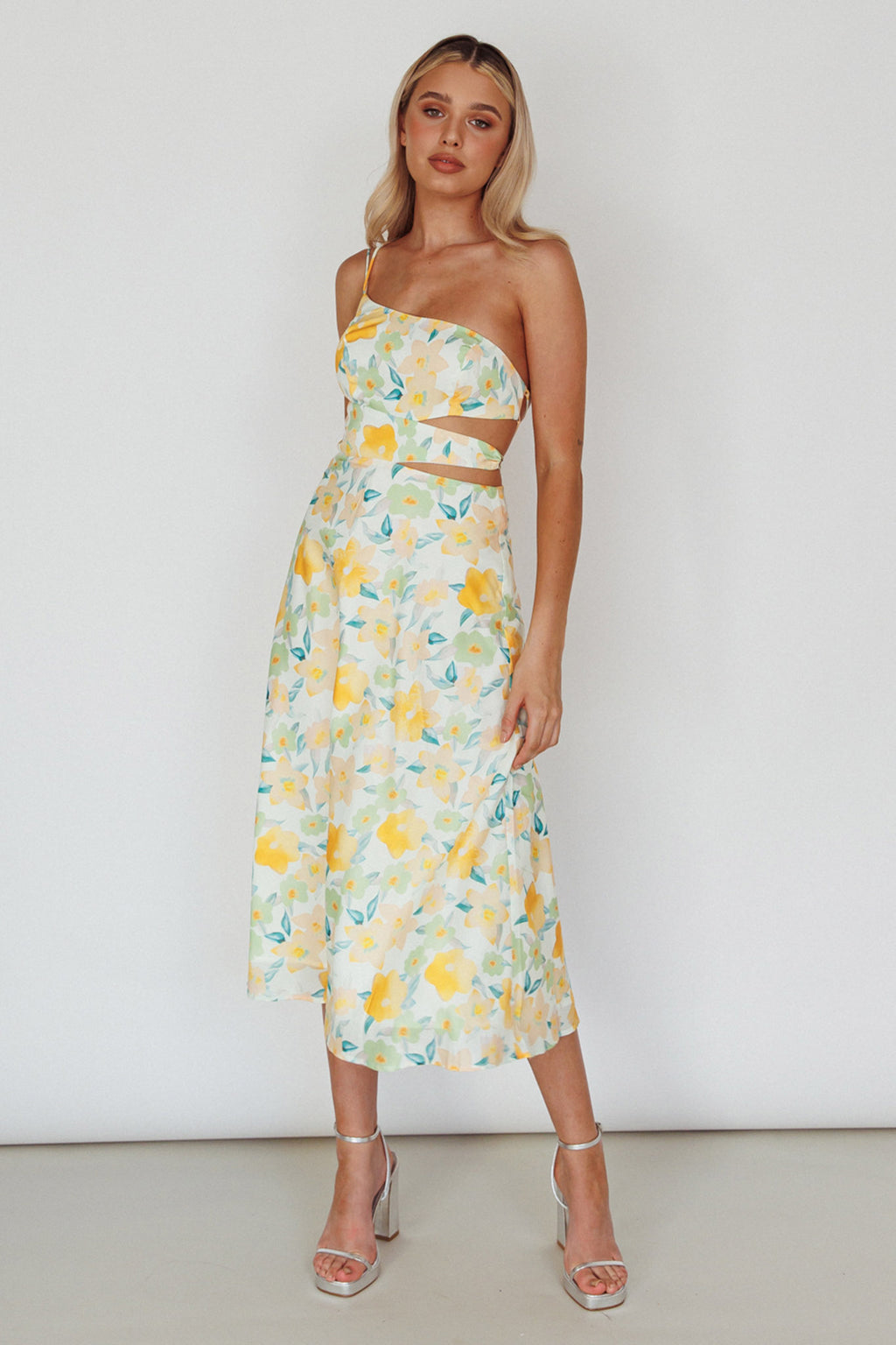 Halia One-Shoulder A-Line Midi Dress Floral Yellow by Selfie Leslie Australia