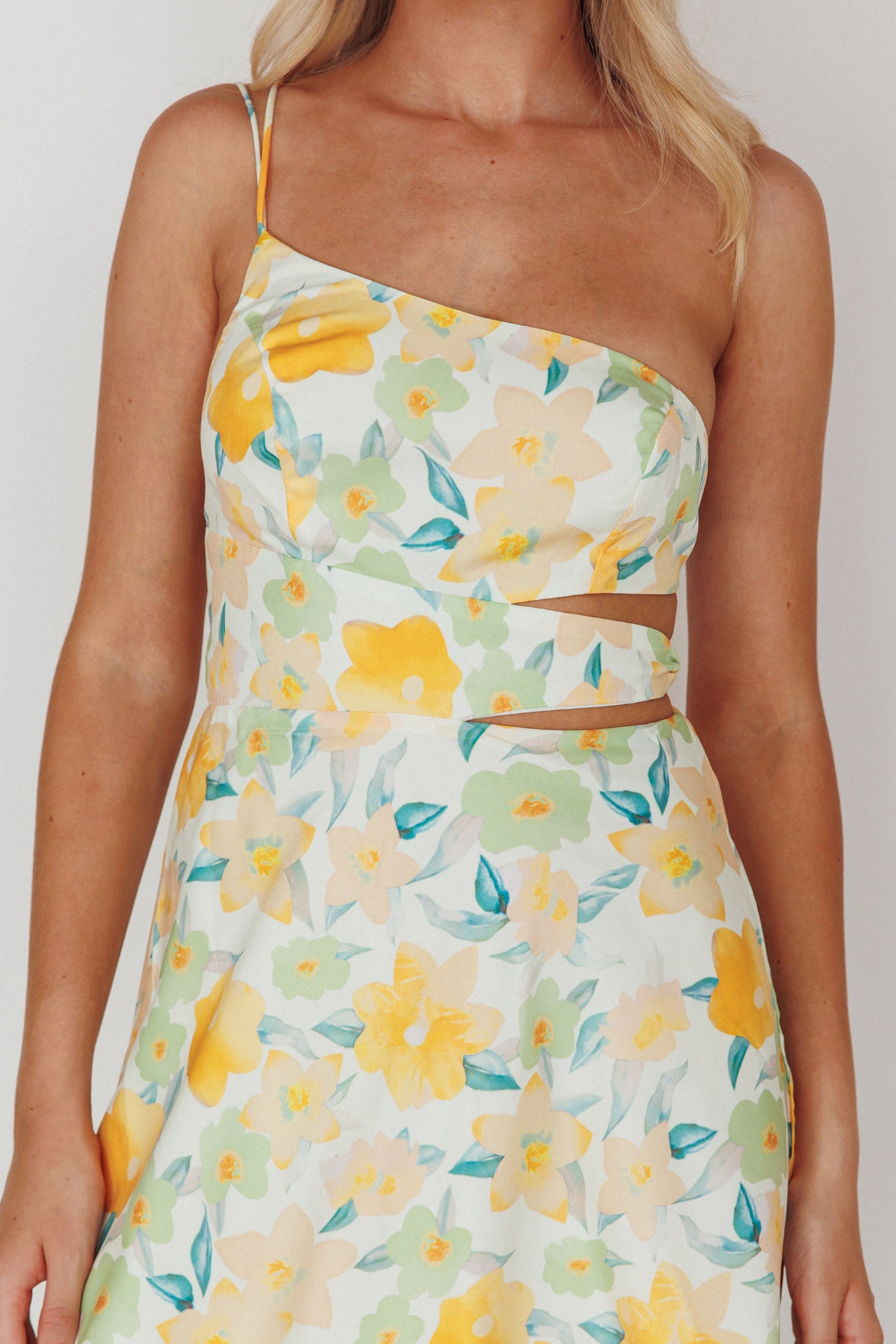 Halia One-Shoulder A-Line Midi Dress Floral Yellow by Selfie Leslie Australia