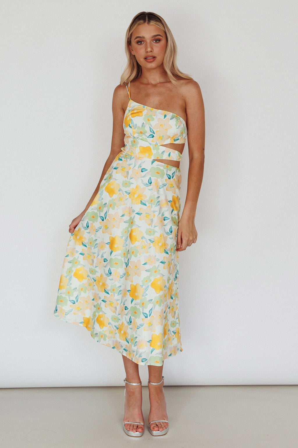 Halia One-Shoulder A-Line Midi Dress Floral Yellow by Selfie Leslie Australia