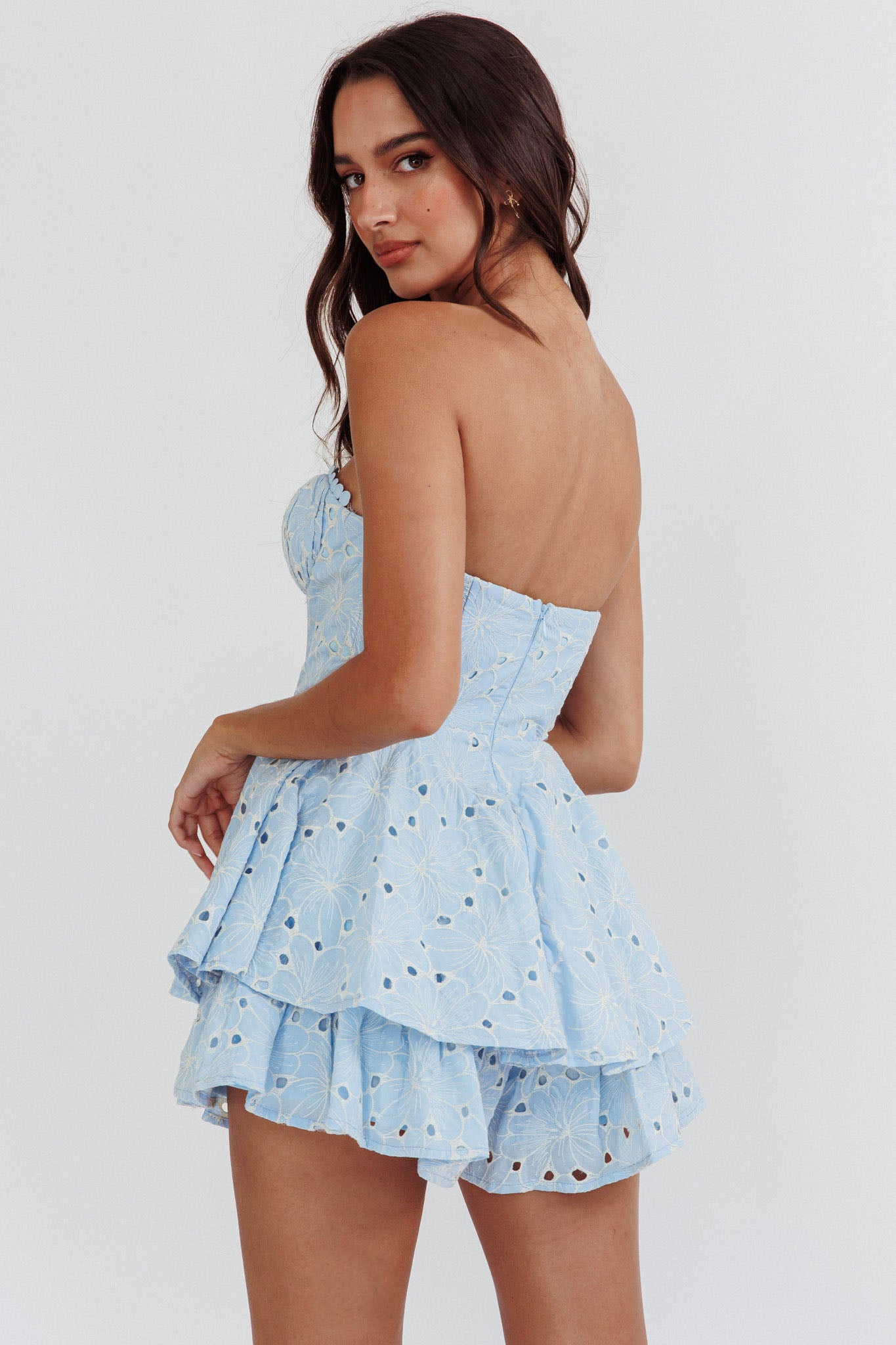 Paris Muse Gathered Bust Embroidered Romper Blue by Selfie Leslie Australia
