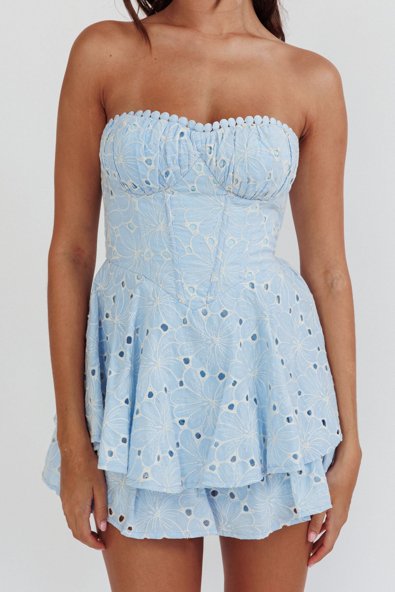 Paris Muse Gathered Bust Embroidered Romper Blue by Selfie Leslie Australia