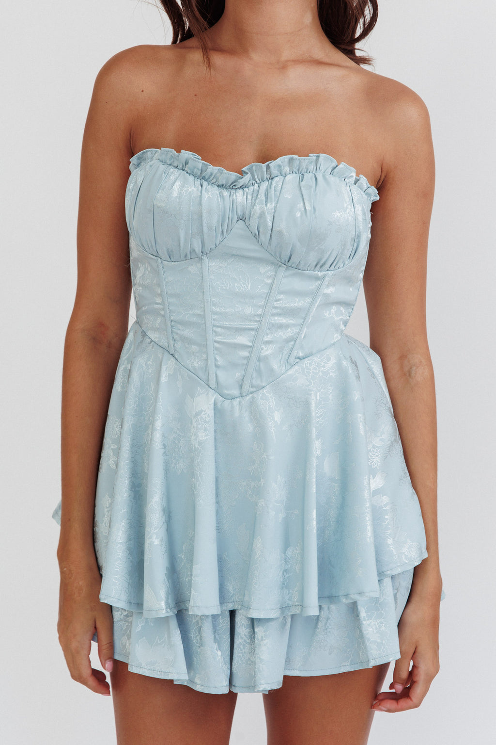 Paris Muse Gathered Bust Romper Baby Blue by Selfie Leslie Australia