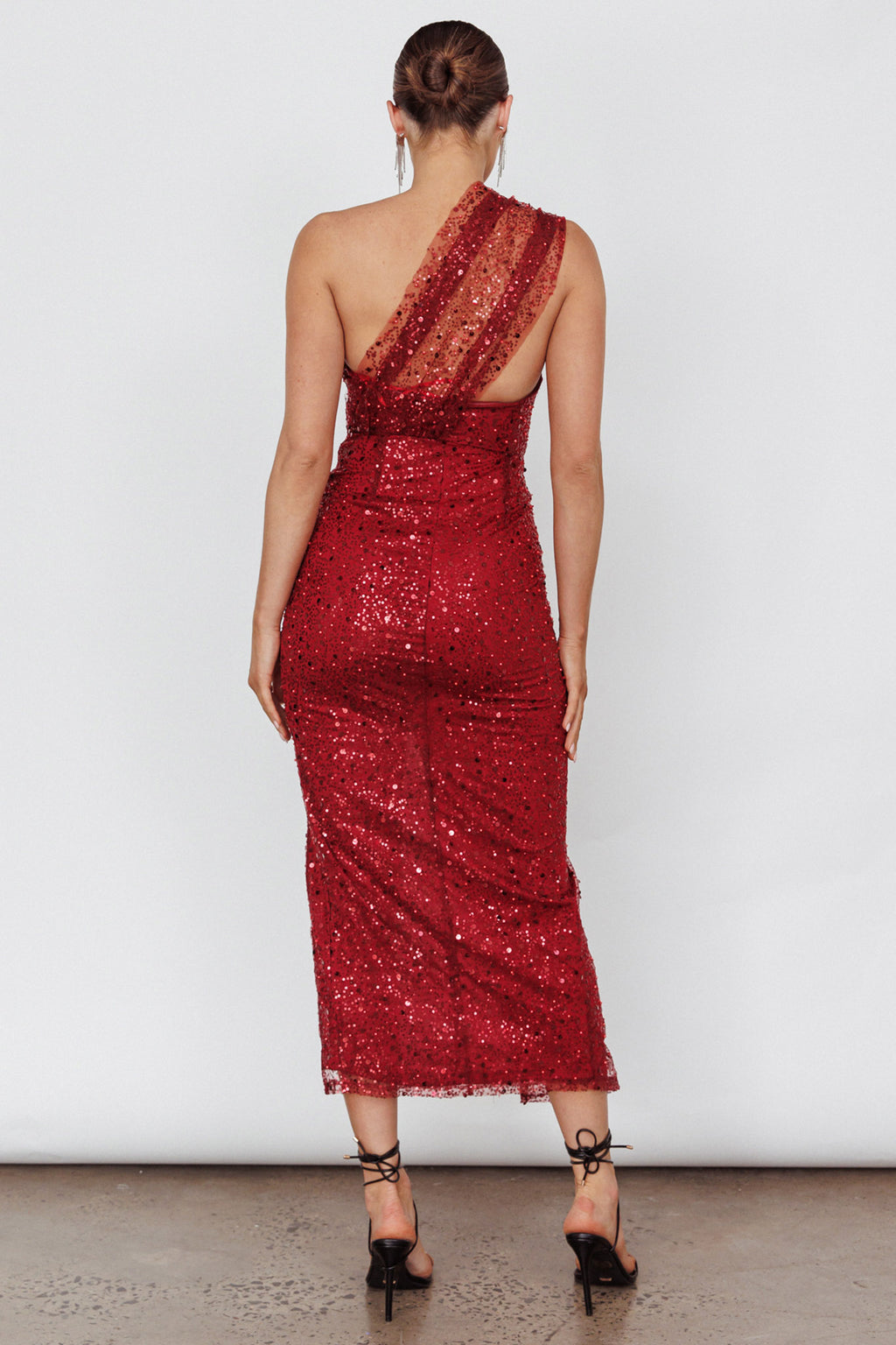 Doniella One-Shoulder Split Sequin Maxi Dress Wine by Selfie Leslie Australia