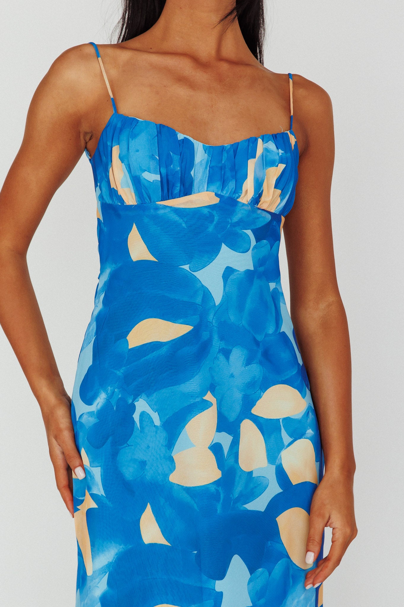 Nerida Twist Back Maxi Dress Print Blue by Selfie Leslie Australia