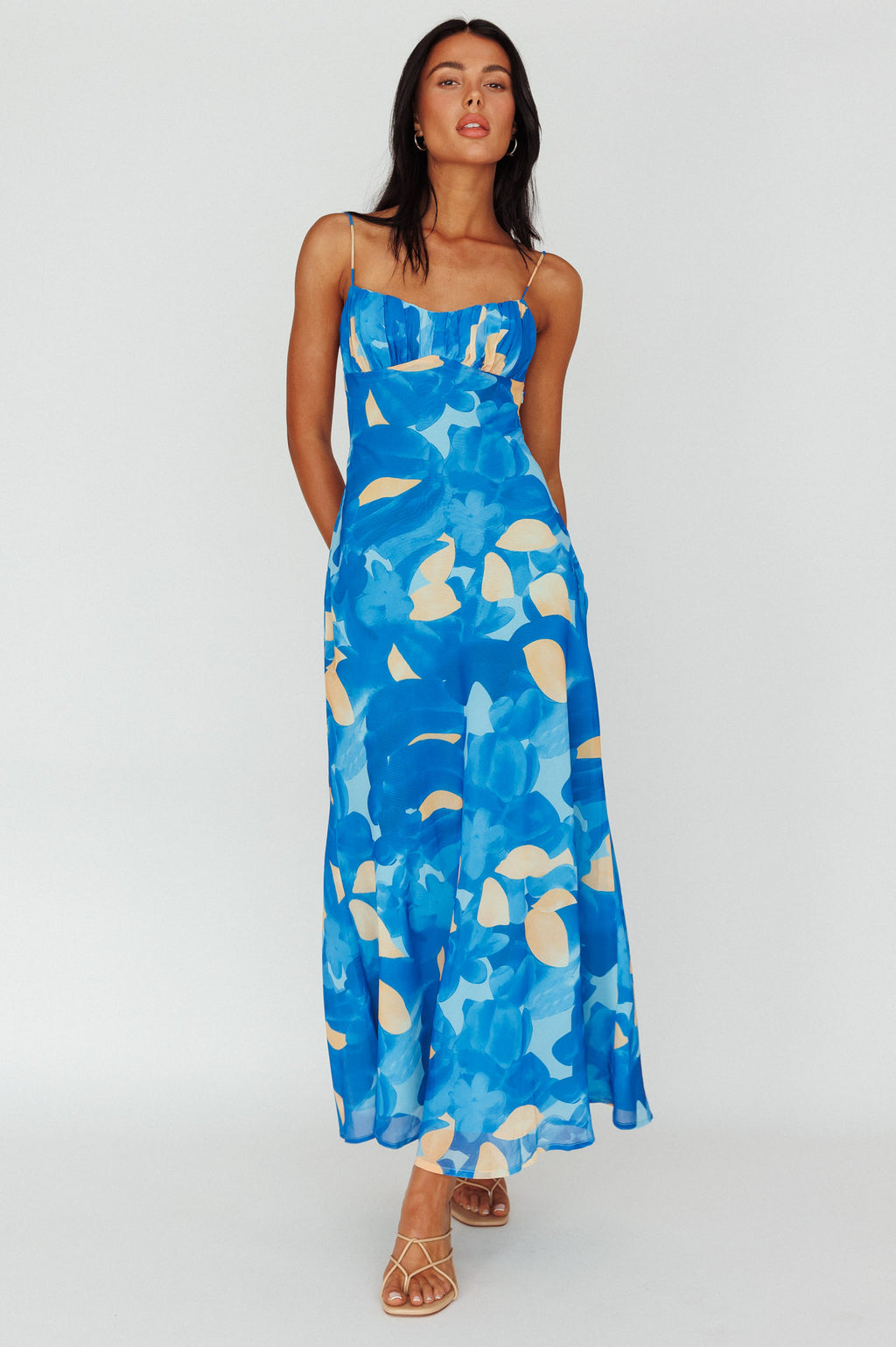 Nerida Twist Back Maxi Dress Print Blue by Selfie Leslie Australia