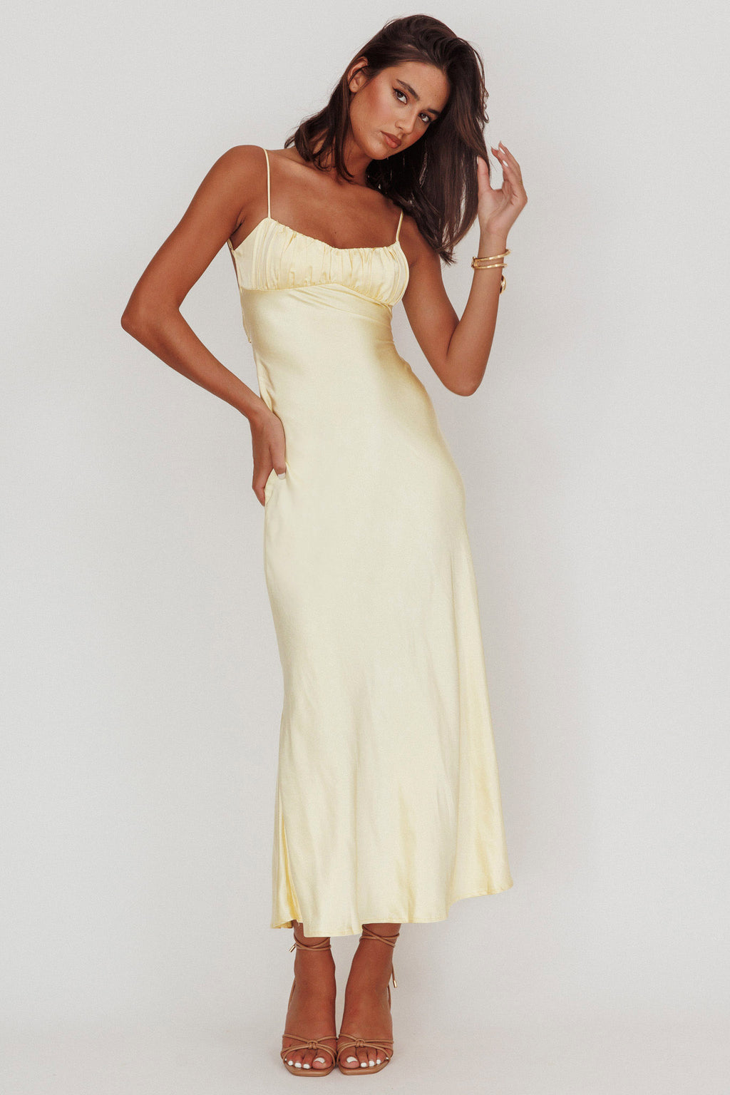 Nerida Twist Back Satin Maxi Dress Lemon by Selfie Leslie Australia