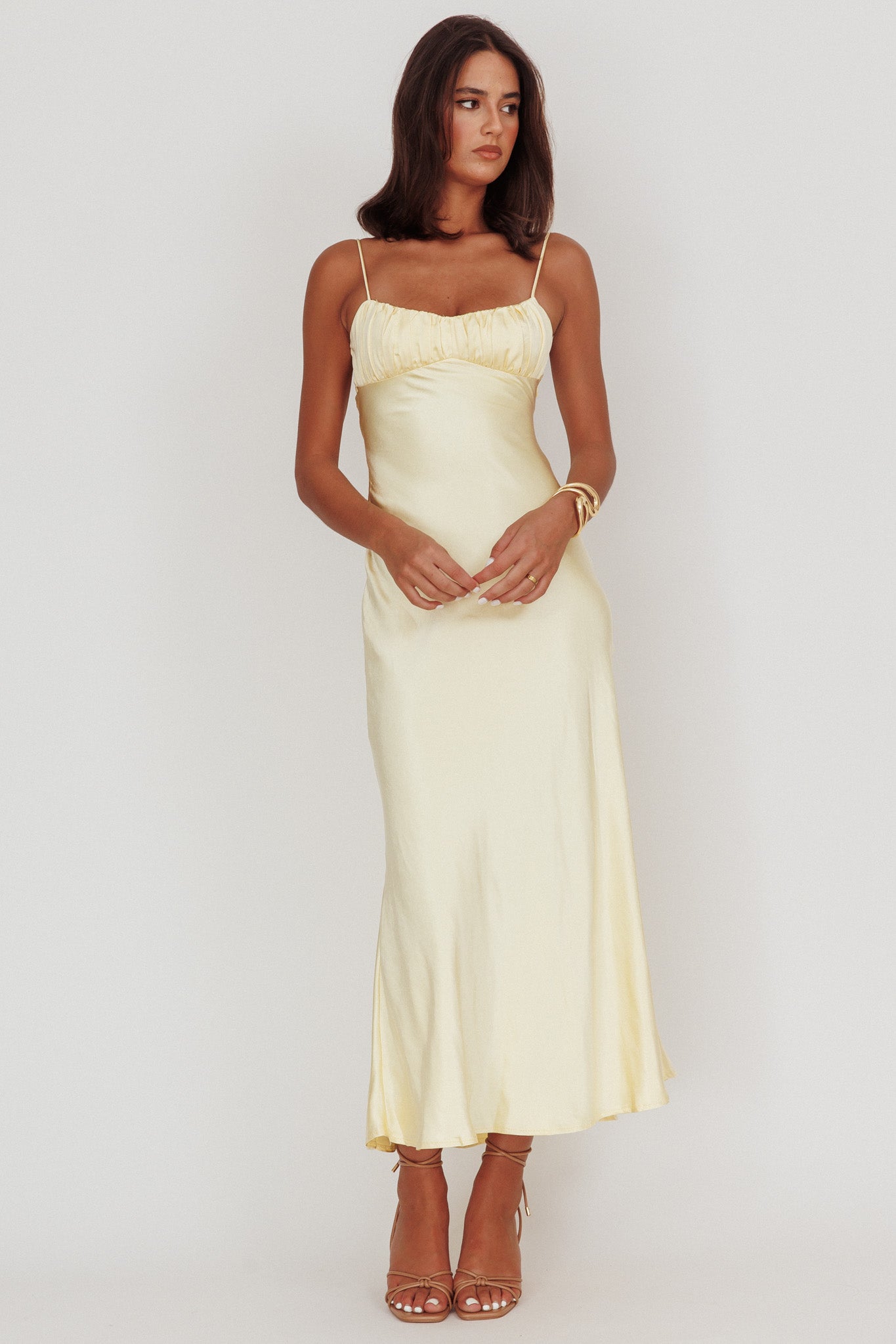 Nerida Twist Back Satin Maxi Dress Lemon by Selfie Leslie Australia