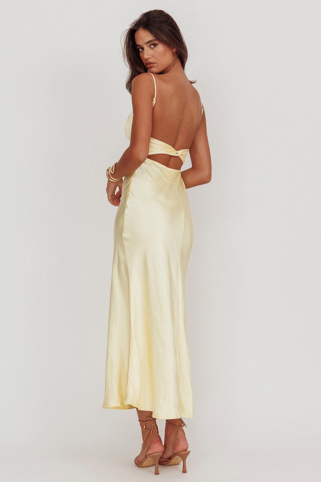 Nerida Twist Back Satin Maxi Dress Lemon by Selfie Leslie Australia