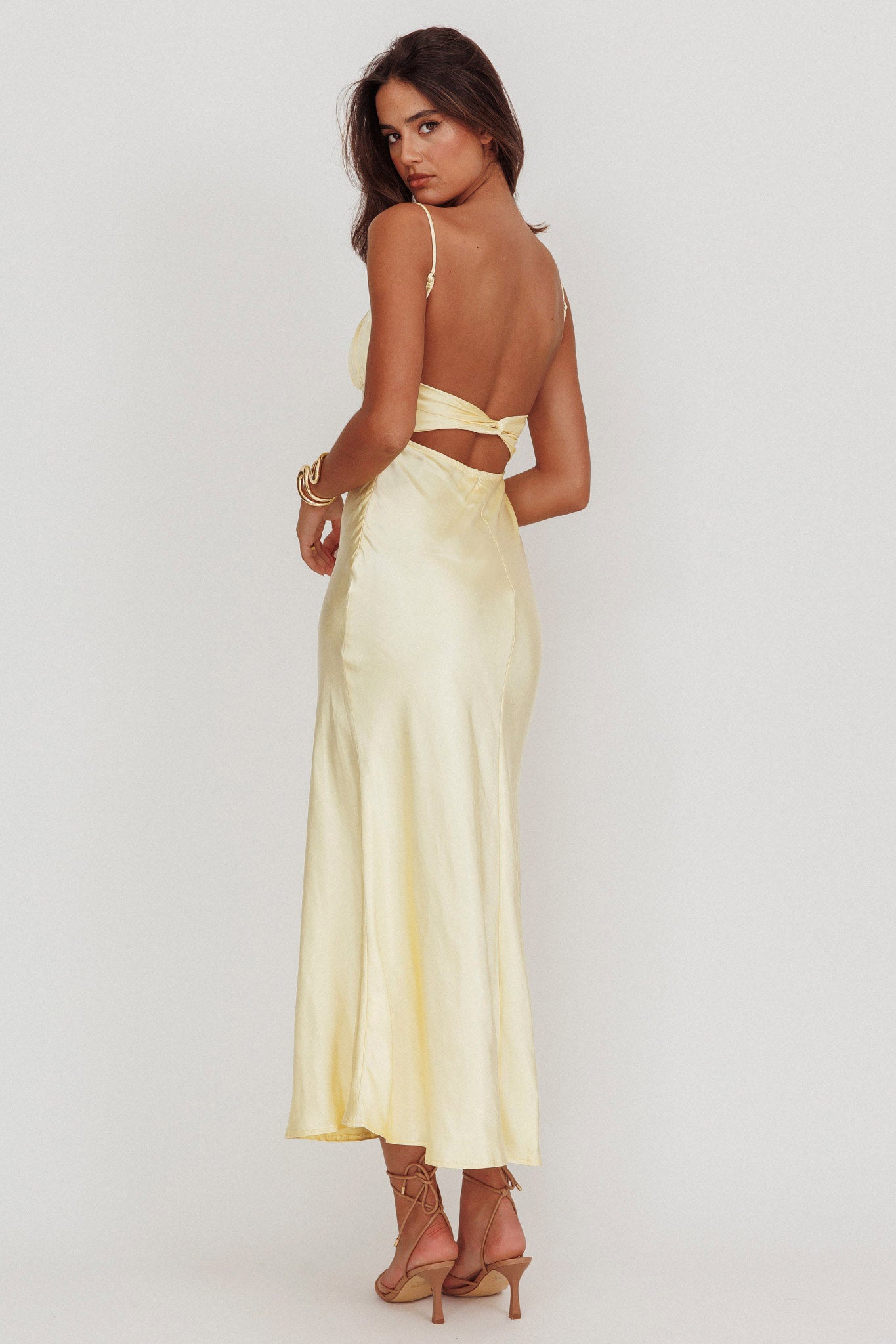 Nerida Twist Back Satin Maxi Dress Lemon by Selfie Leslie Australia
