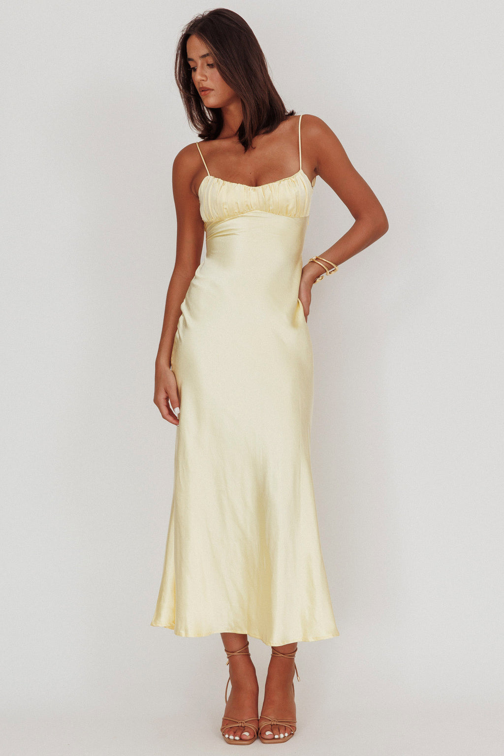 Nerida Twist Back Satin Maxi Dress Lemon by Selfie Leslie Australia