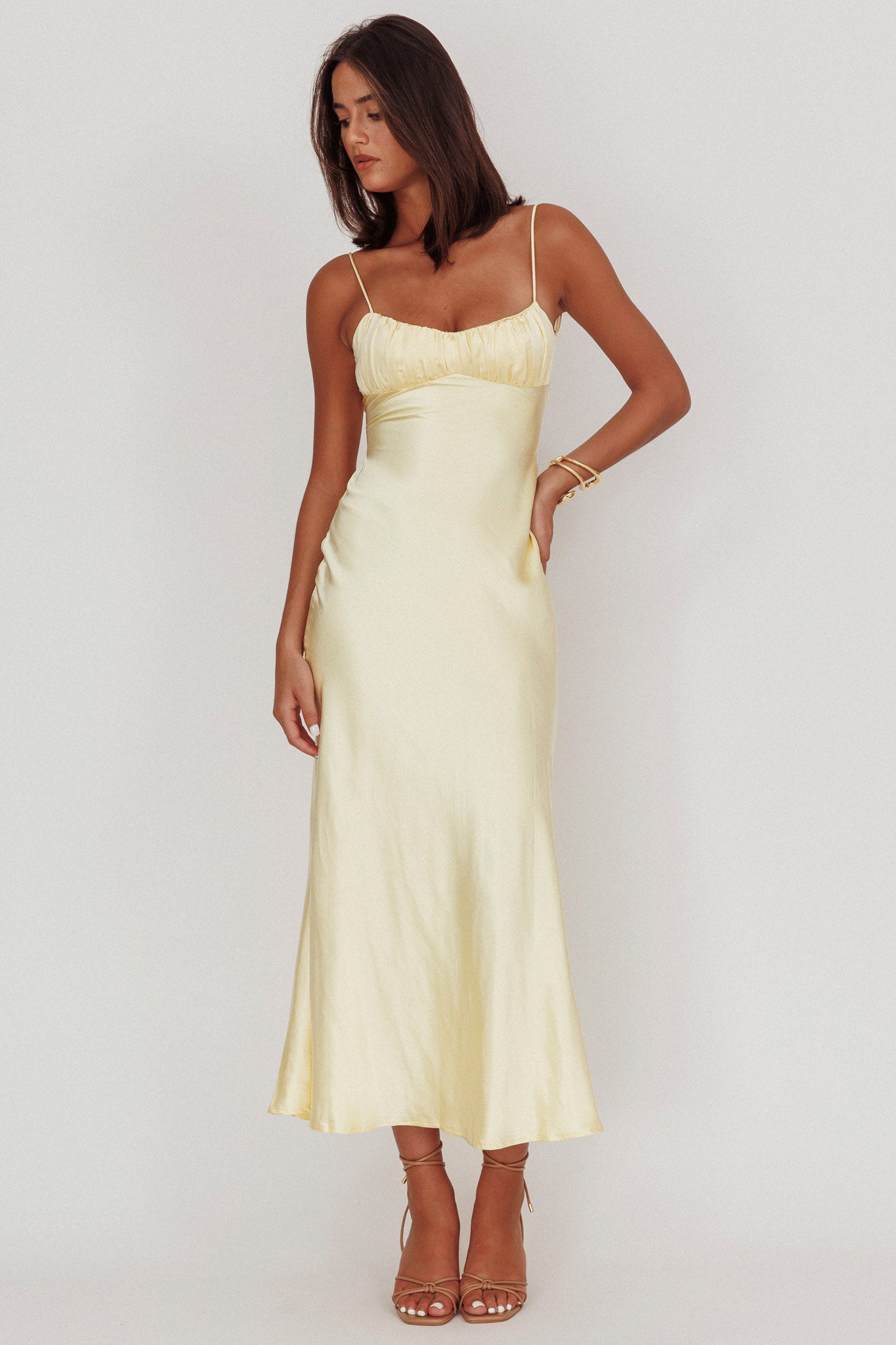 Nerida Twist Back Satin Maxi Dress Lemon by Selfie Leslie Australia
