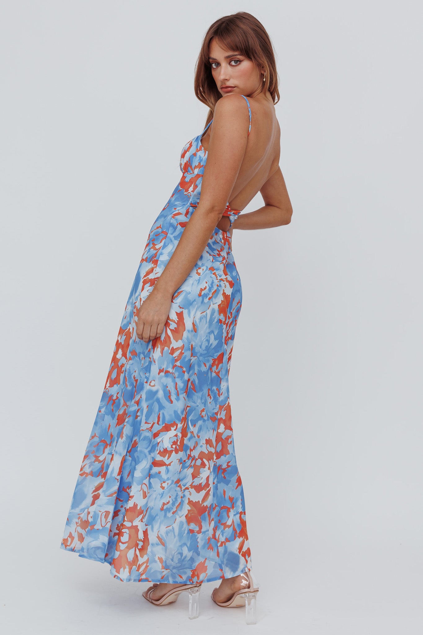 Nerida Twist Back Maxi Dress Abstract Blue by Selfie Leslie Australia