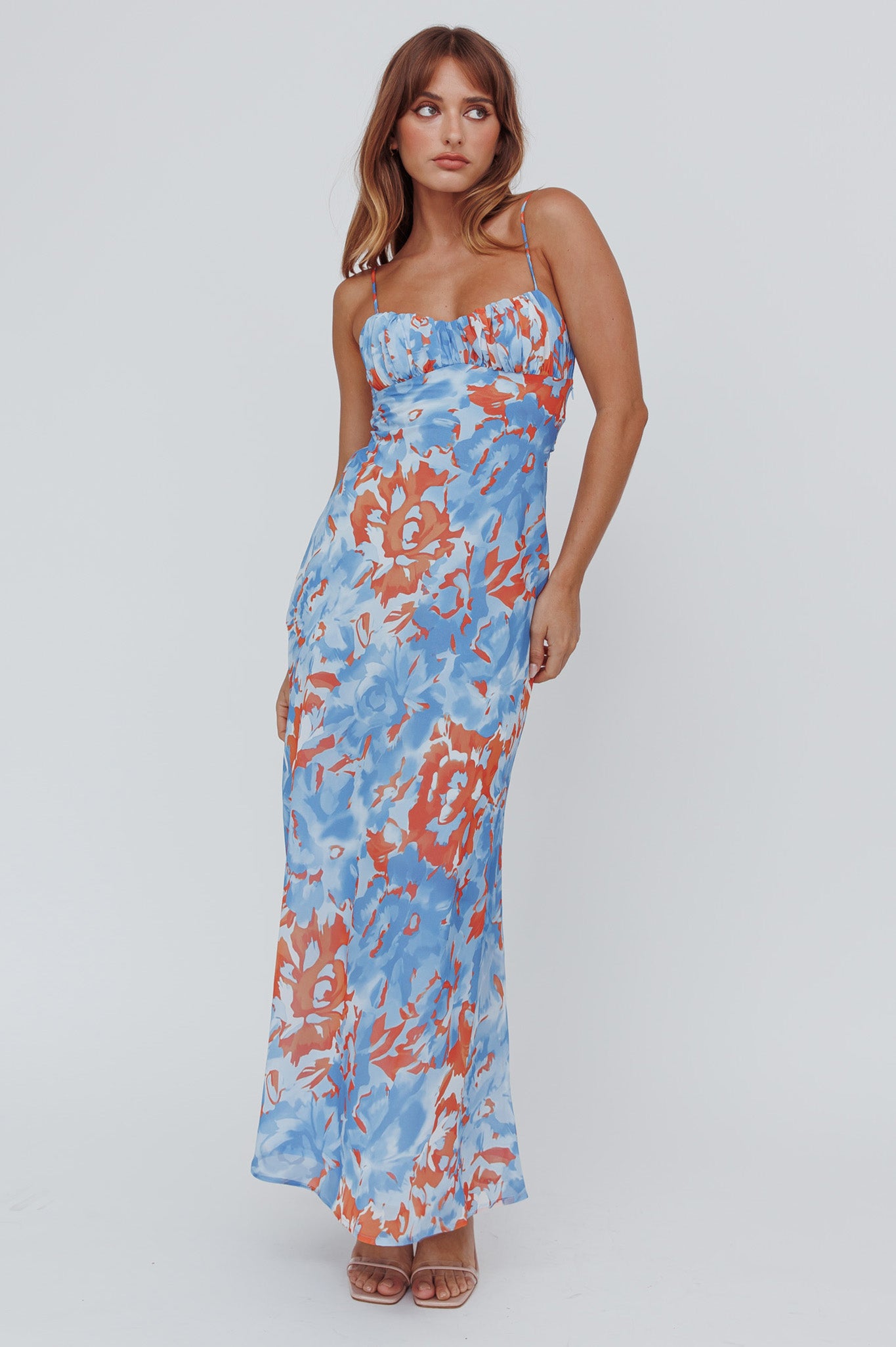 Nerida Twist Back Maxi Dress Abstract Blue by Selfie Leslie Australia