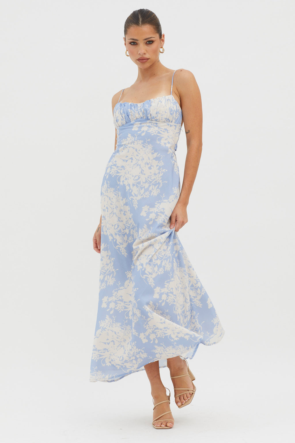 Nerida Twist Back Midi Dress Floral Blue by Selfie Leslie Australia