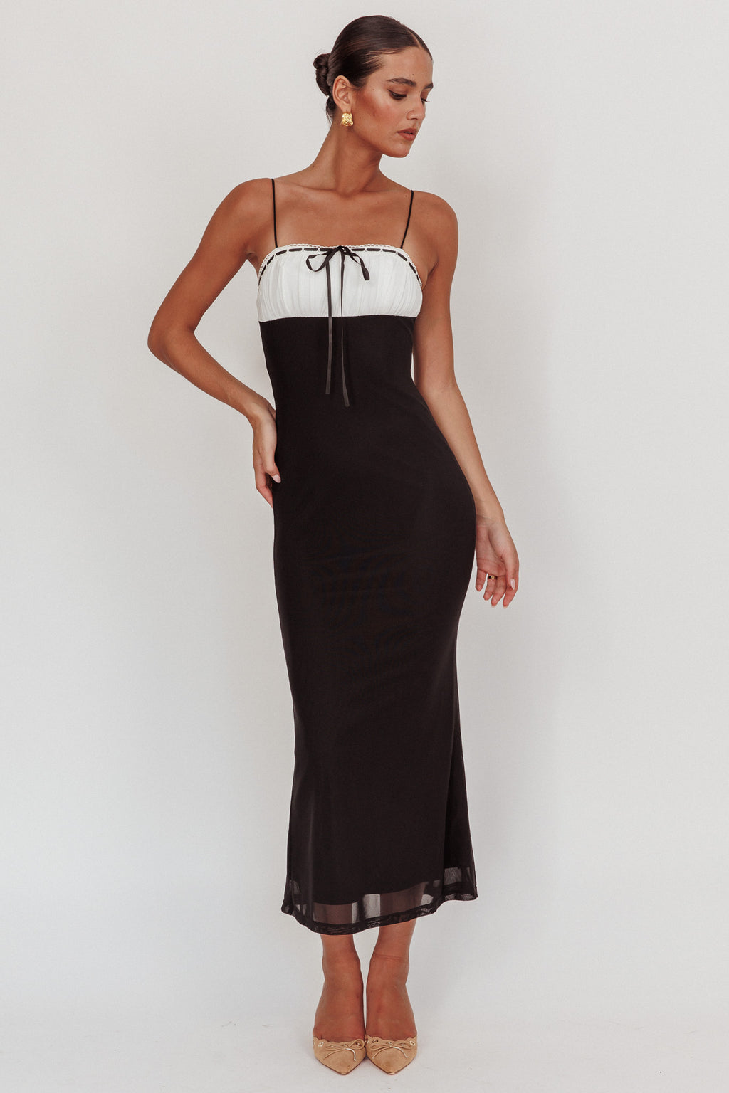Nerida Bow Bust Mesh Maxi Dress Black by Selfie Leslie Australia