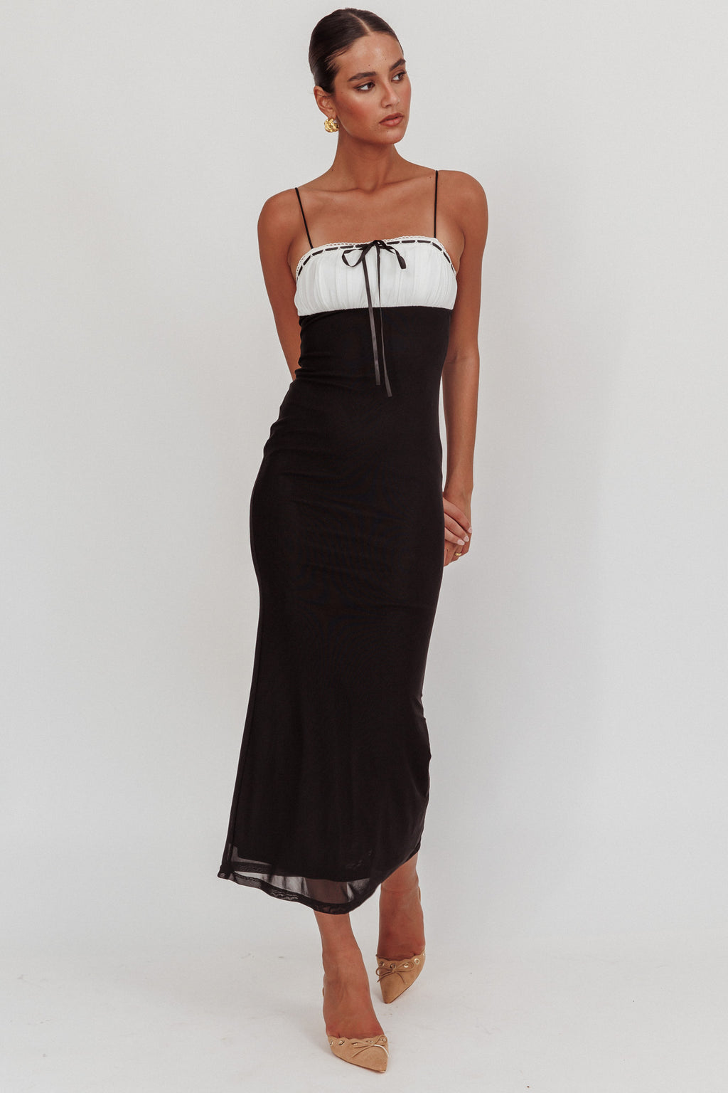 Nerida Bow Bust Mesh Maxi Dress Black by Selfie Leslie Australia
