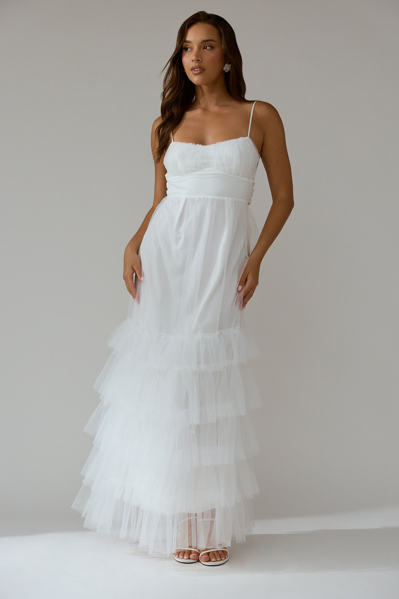 Nerida Twist Back Frill Trim Mesh Maxi Dress White by Selfie Leslie Australia