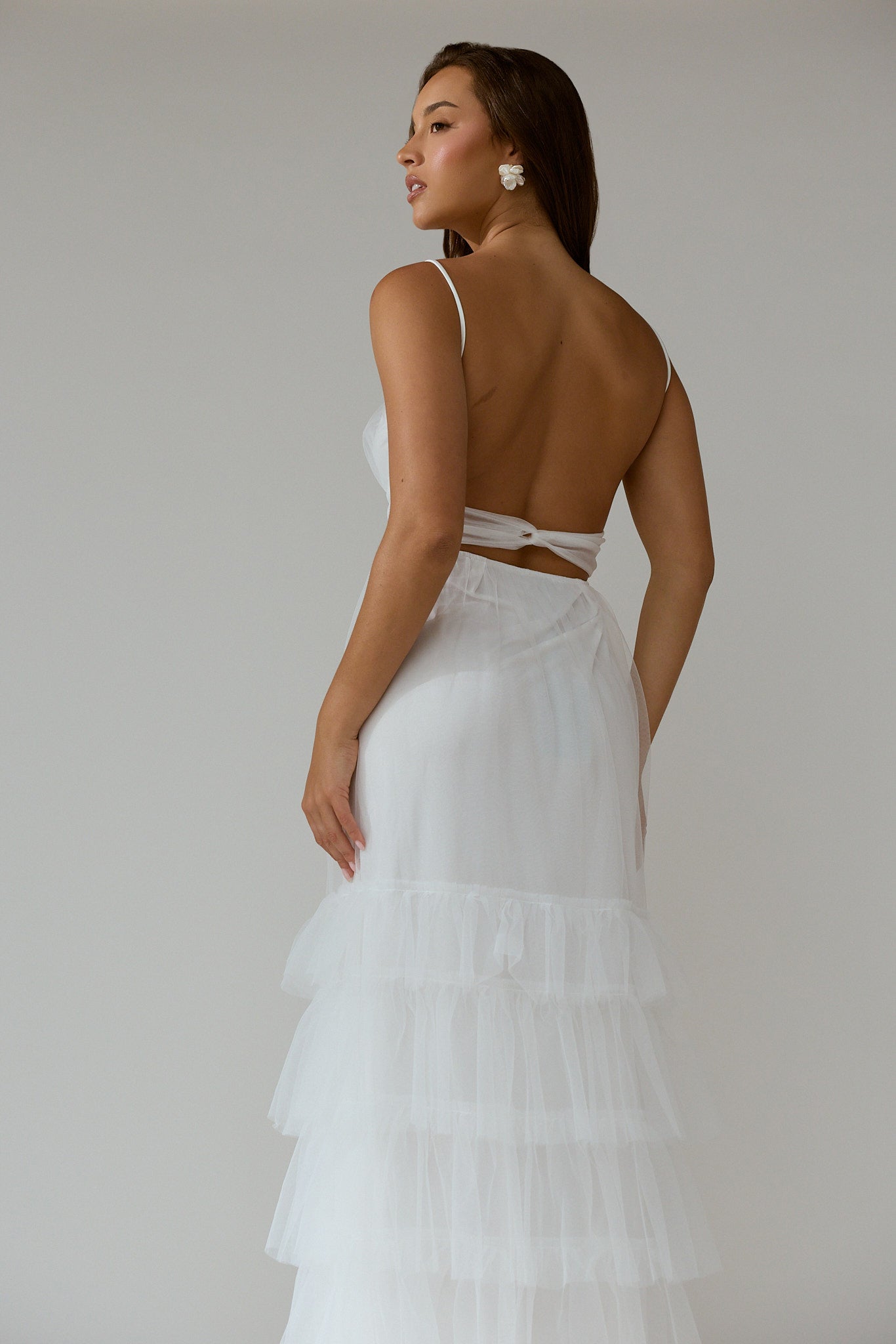 Nerida Twist Back Frill Trim Mesh Maxi Dress White by Selfie Leslie Australia