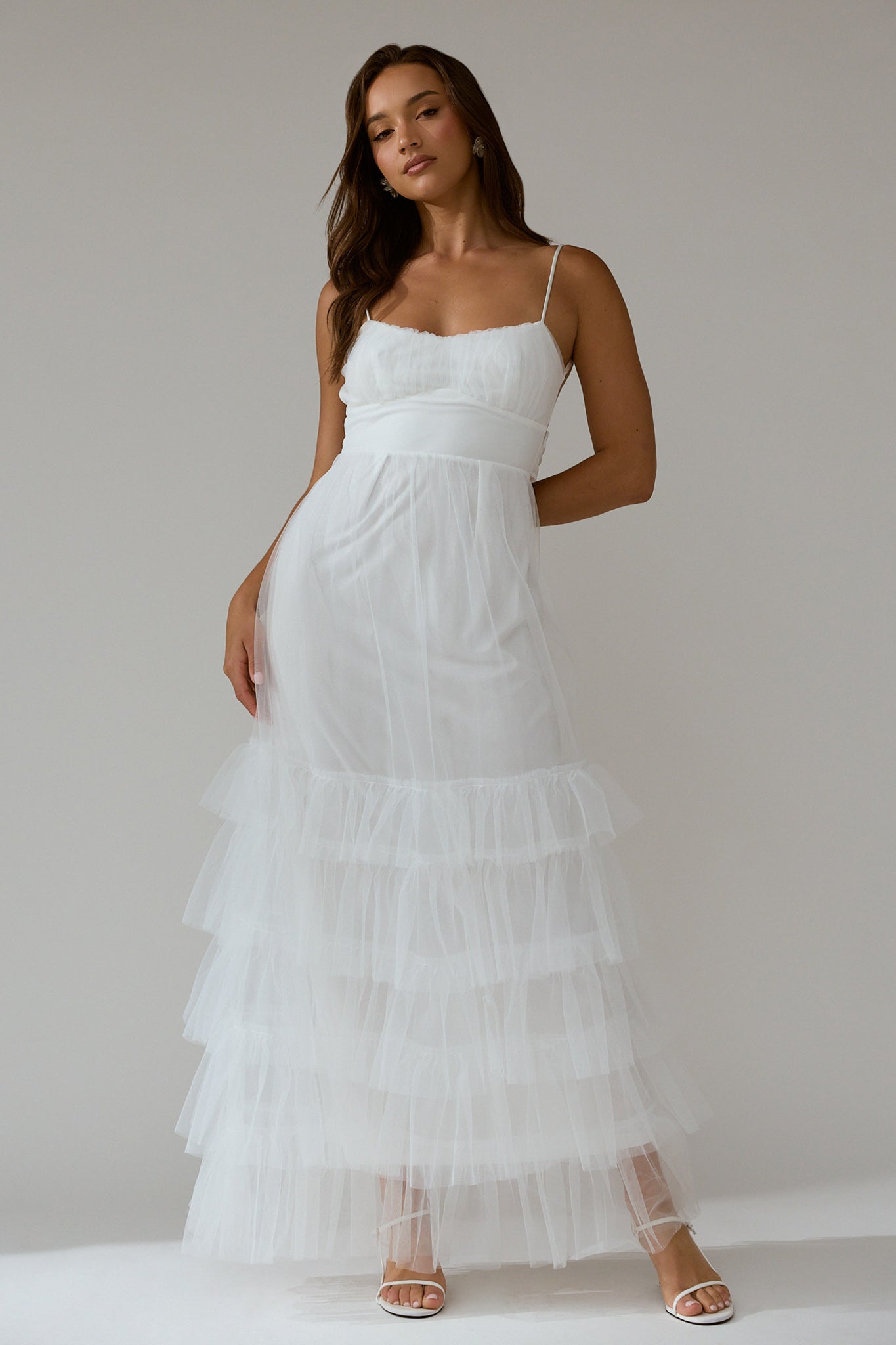 Nerida Twist Back Frill Trim Mesh Maxi Dress White by Selfie Leslie Australia