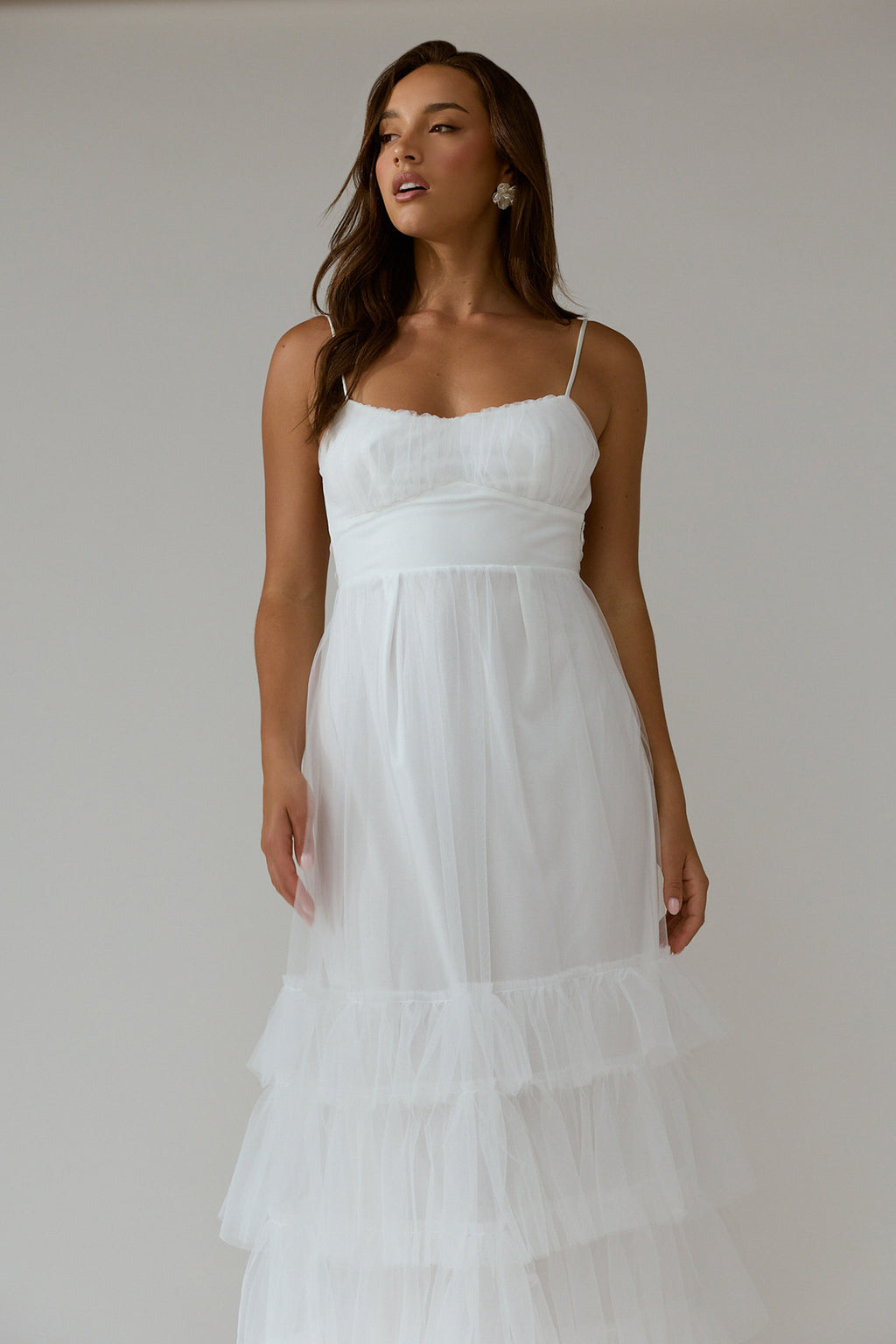 Nerida Twist Back Frill Trim Mesh Maxi Dress White by Selfie Leslie Australia