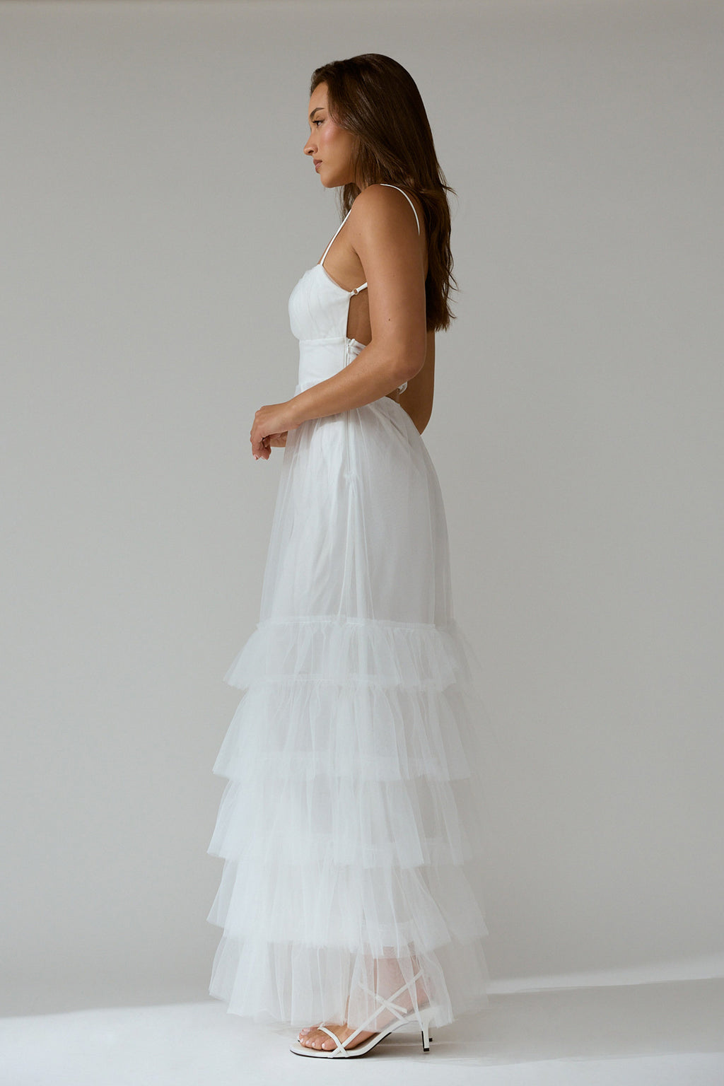 Nerida Twist Back Frill Trim Mesh Maxi Dress White by Selfie Leslie Australia