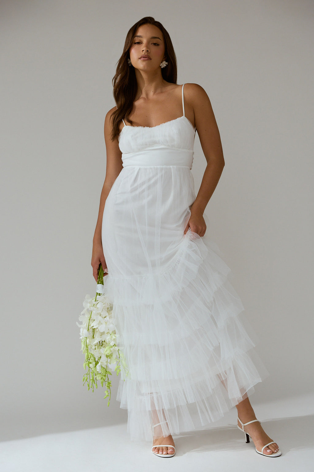 Nerida Twist Back Frill Trim Mesh Maxi Dress White by Selfie Leslie Australia