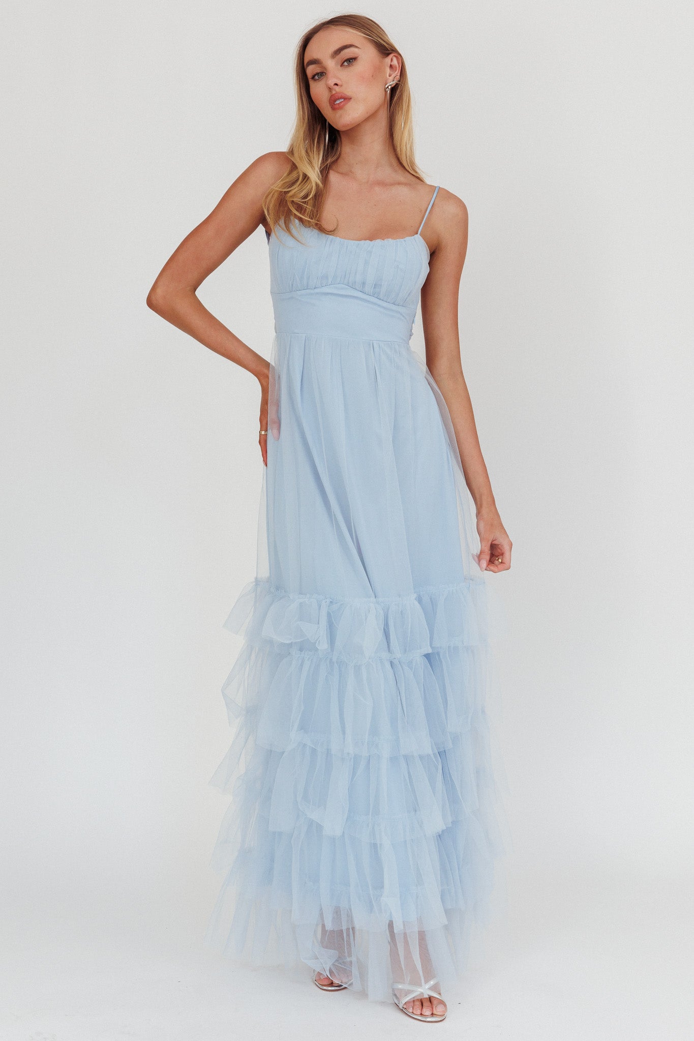 Nerida Twist Back Frill Trim Mesh Maxi Dress Steel Blue by Selfie Leslie Australia
