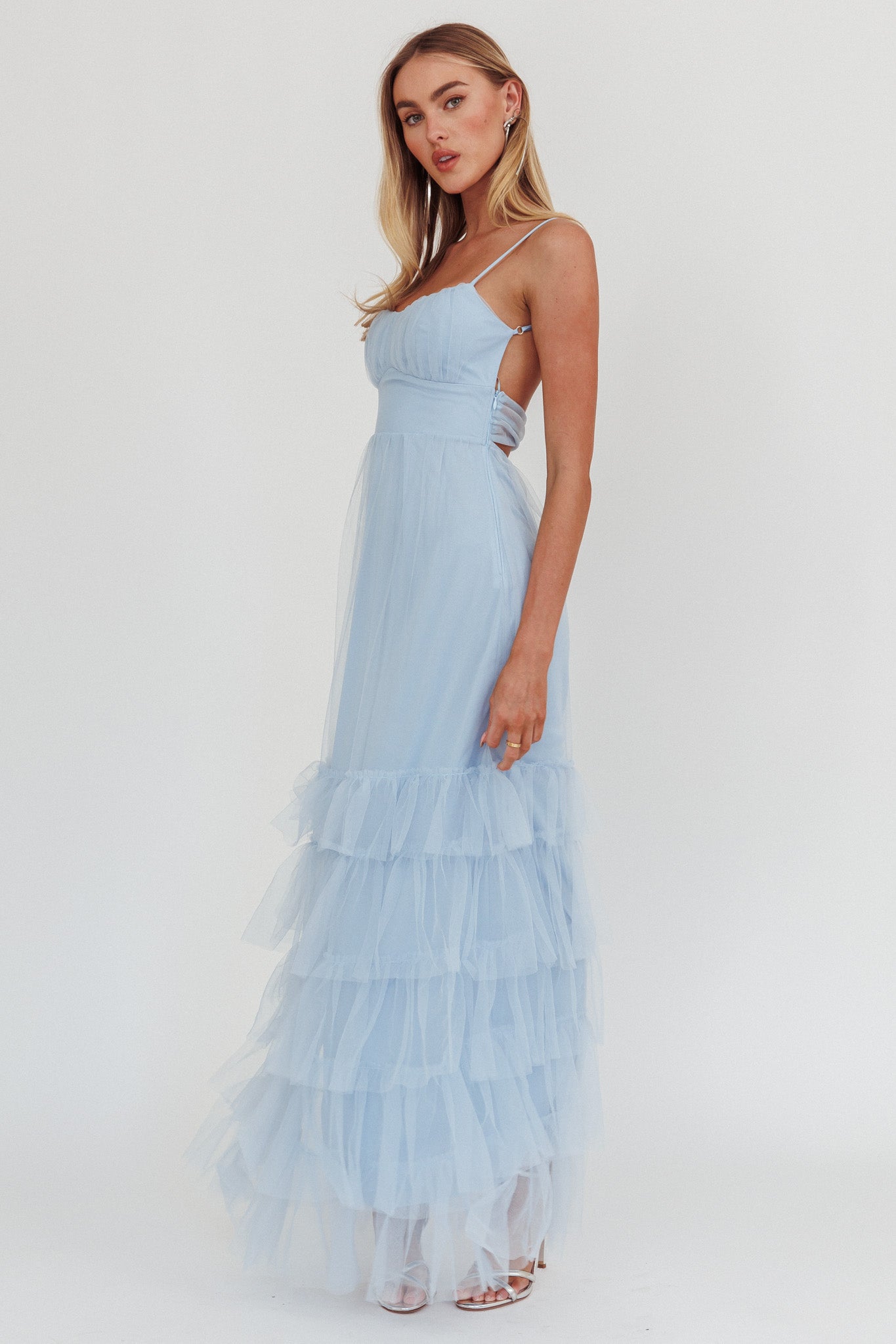 Nerida Twist Back Frill Trim Mesh Maxi Dress Steel Blue by Selfie Leslie Australia
