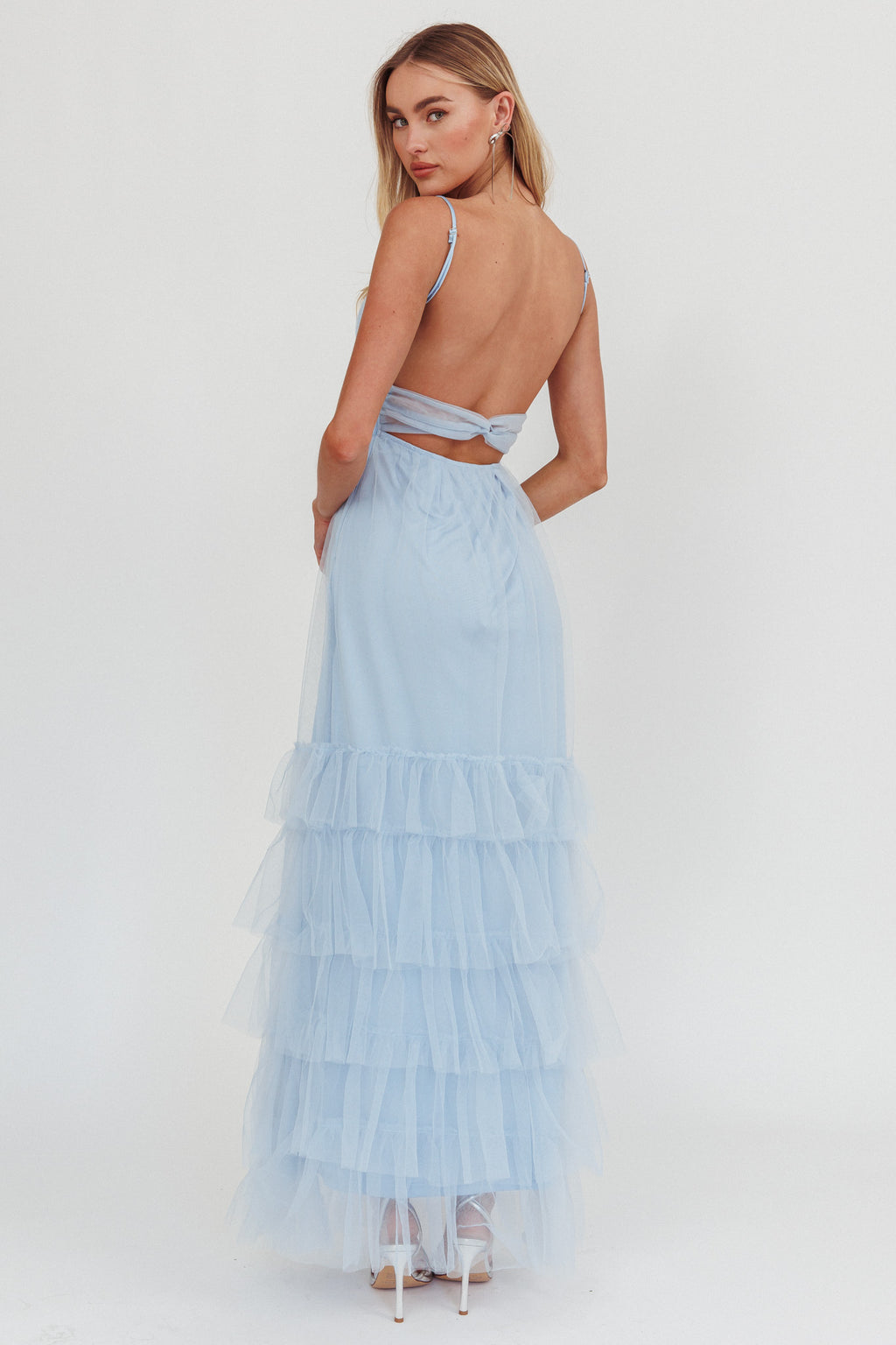 Nerida Twist Back Frill Trim Mesh Maxi Dress Steel Blue by Selfie Leslie Australia