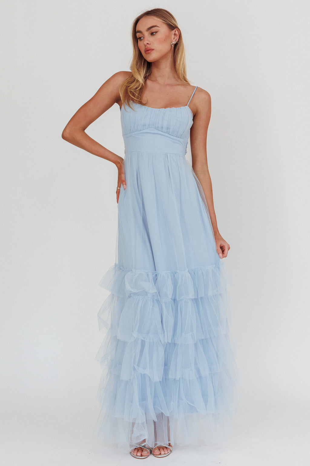 Nerida Twist Back Frill Trim Mesh Maxi Dress Steel Blue by Selfie Leslie Australia