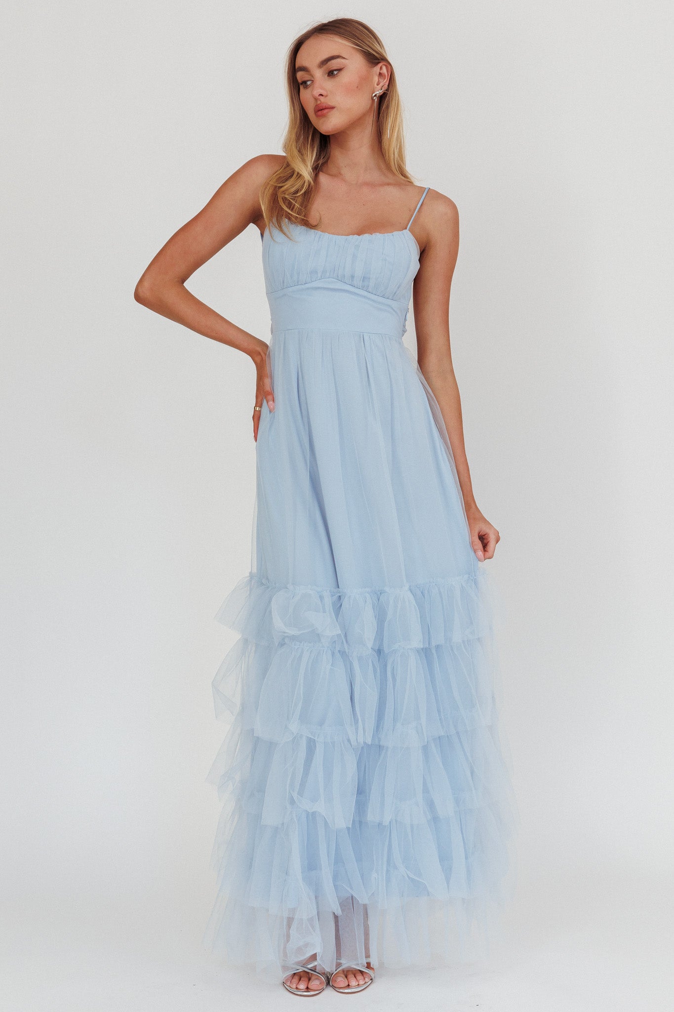 Nerida Twist Back Frill Trim Mesh Maxi Dress Steel Blue by Selfie Leslie Australia