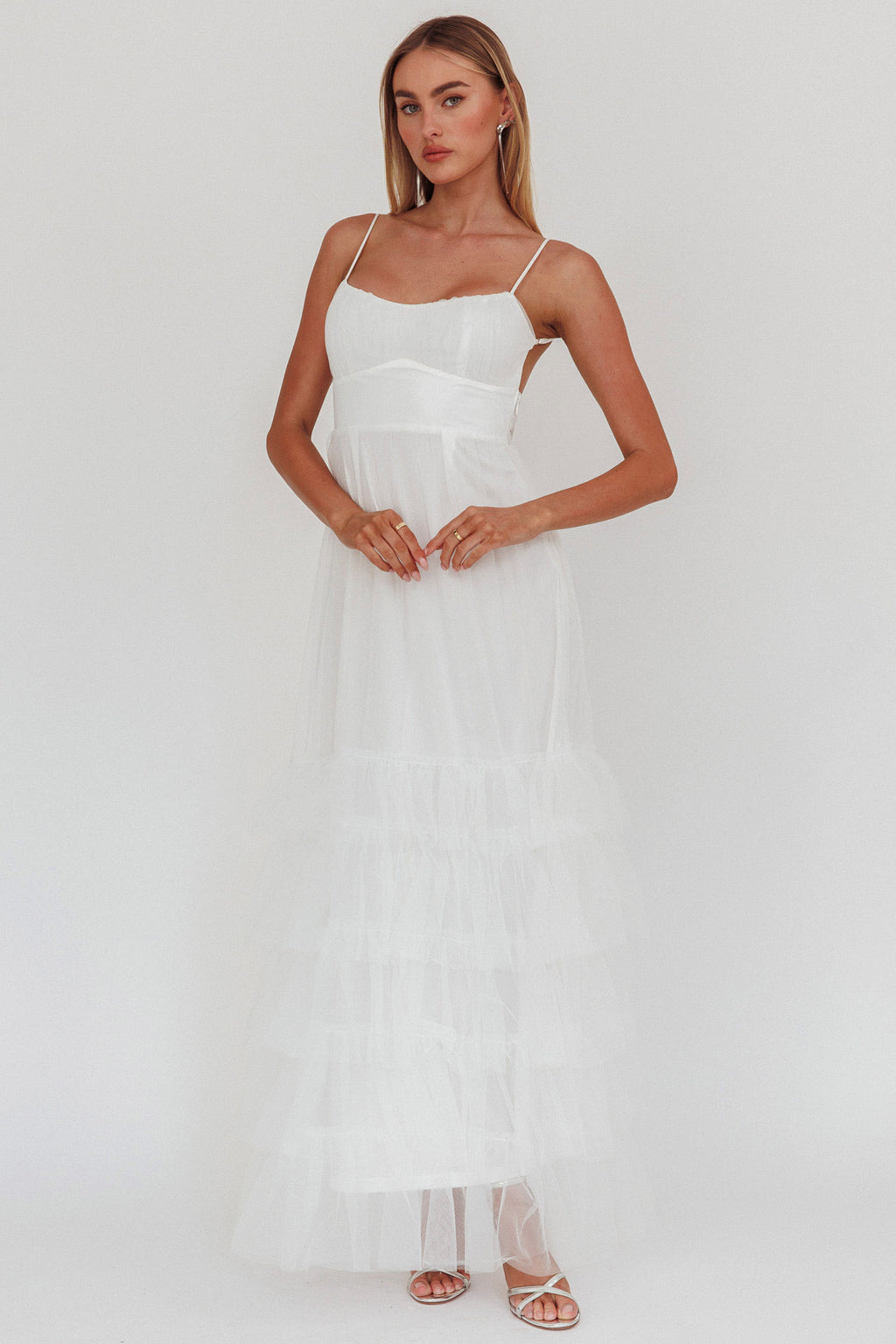 Nerida Twist Back Frill Trim Mesh Maxi Dress White by Selfie Leslie Australia