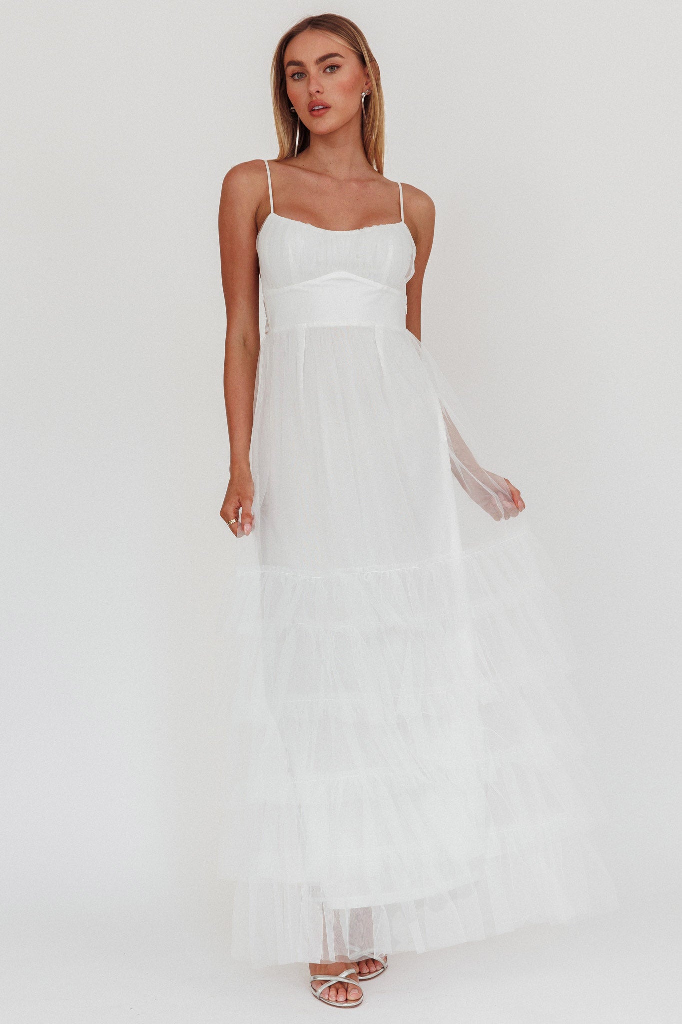 Nerida Twist Back Frill Trim Mesh Maxi Dress White by Selfie Leslie Australia