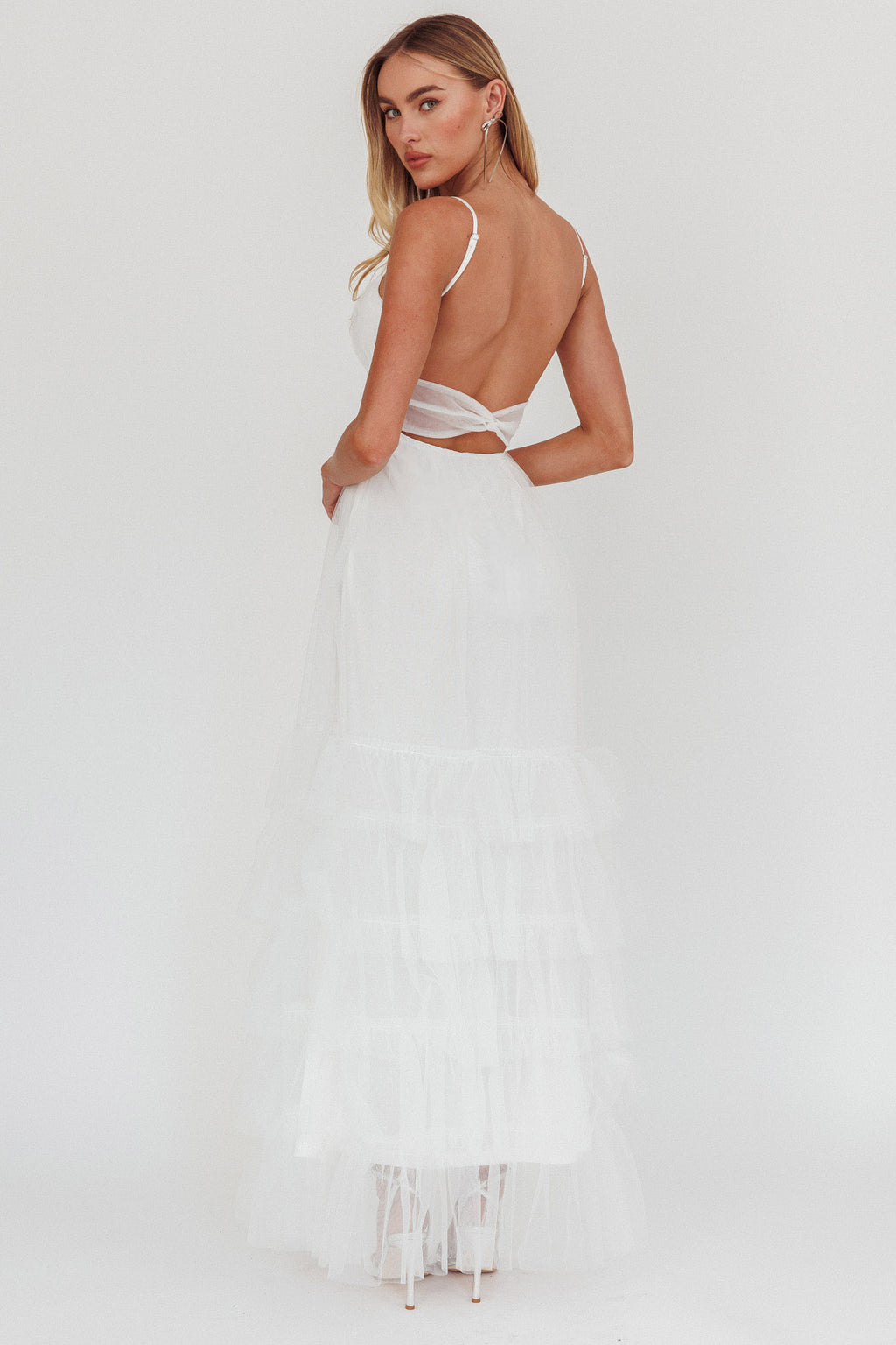 Nerida Twist Back Frill Trim Mesh Maxi Dress White by Selfie Leslie Australia