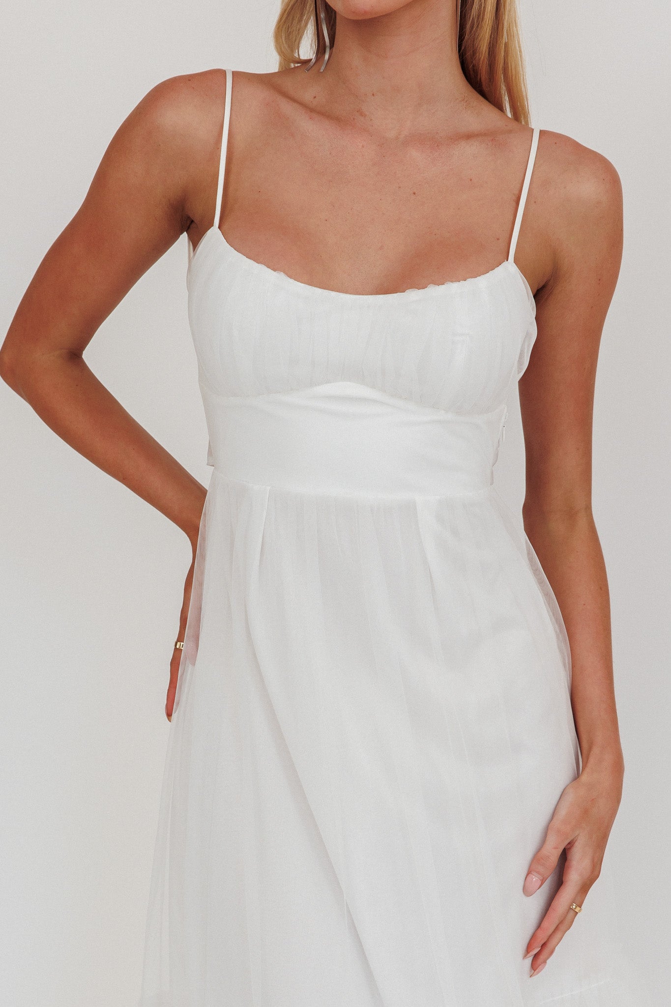 Nerida Twist Back Frill Trim Mesh Maxi Dress White by Selfie Leslie Australia