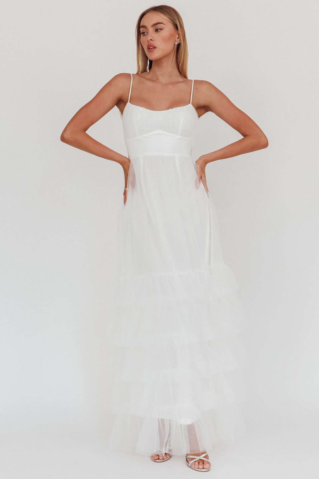 Nerida Twist Back Frill Trim Mesh Maxi Dress White by Selfie Leslie Australia