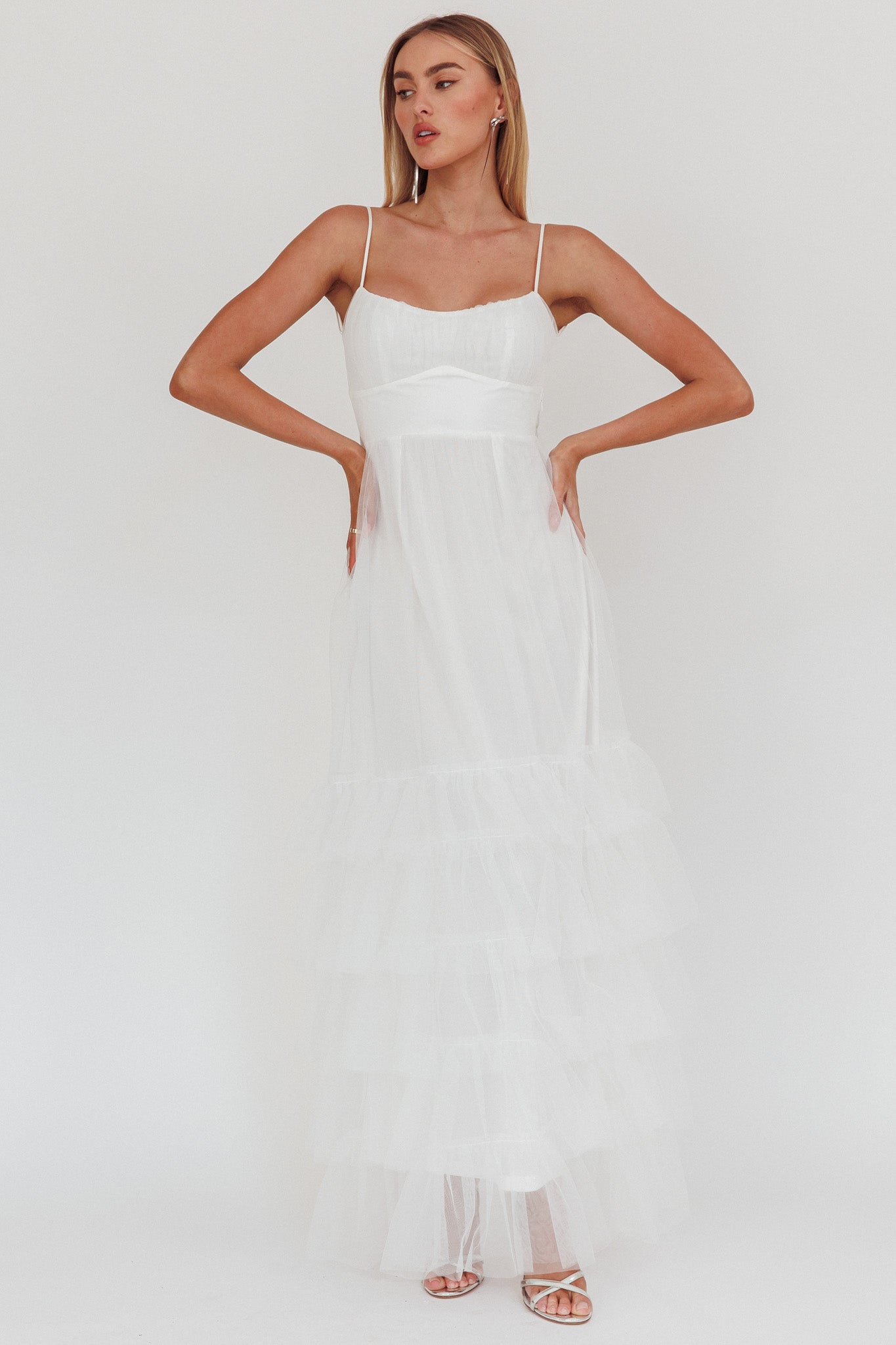Nerida Twist Back Frill Trim Mesh Maxi Dress White by Selfie Leslie Australia