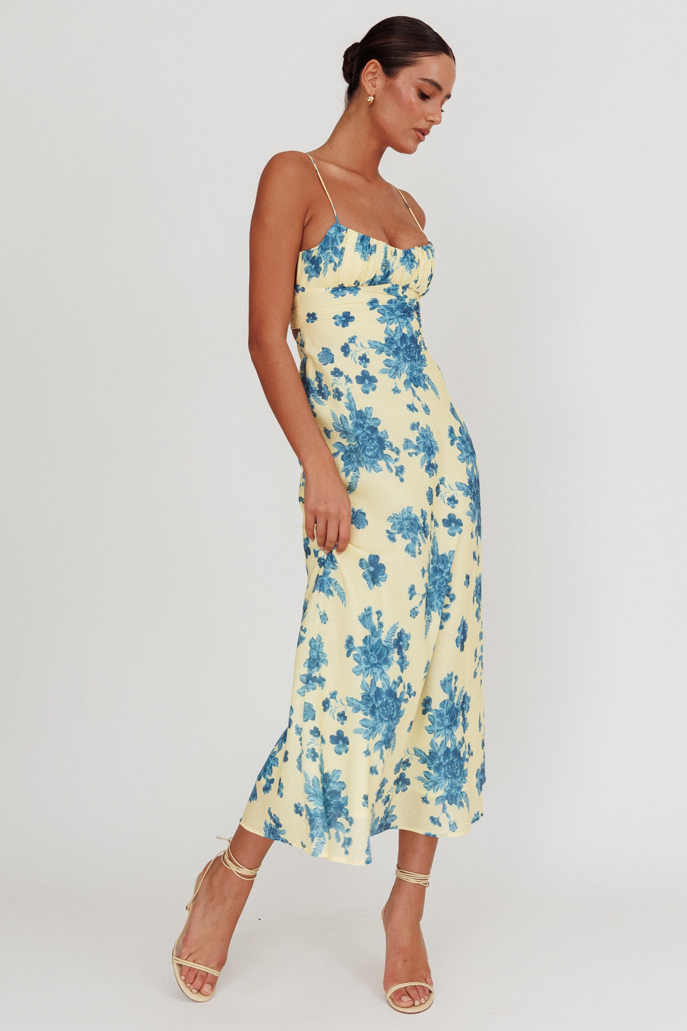 Nerida Low Back Twist Floral Maxi Dress Yellow by Selfie Leslie Australia