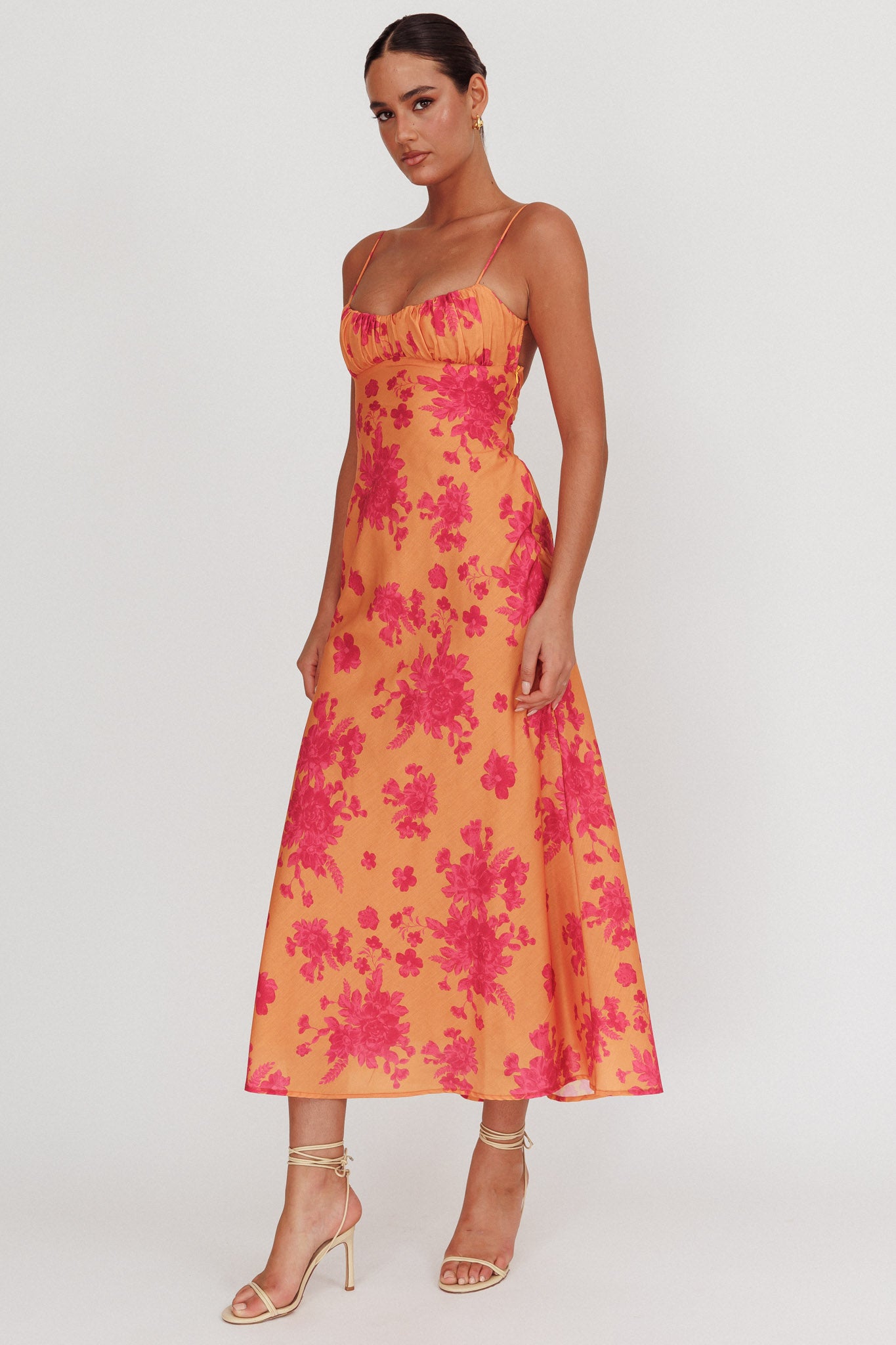 Nerida Low Back Twist Floral Maxi Dress Orange by Selfie Leslie Australia