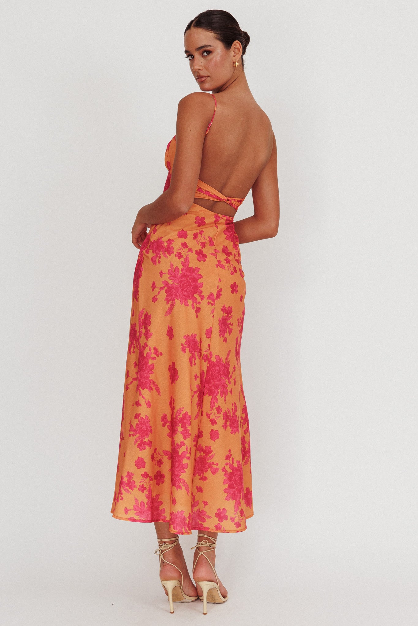 Nerida Low Back Twist Floral Maxi Dress Orange by Selfie Leslie Australia