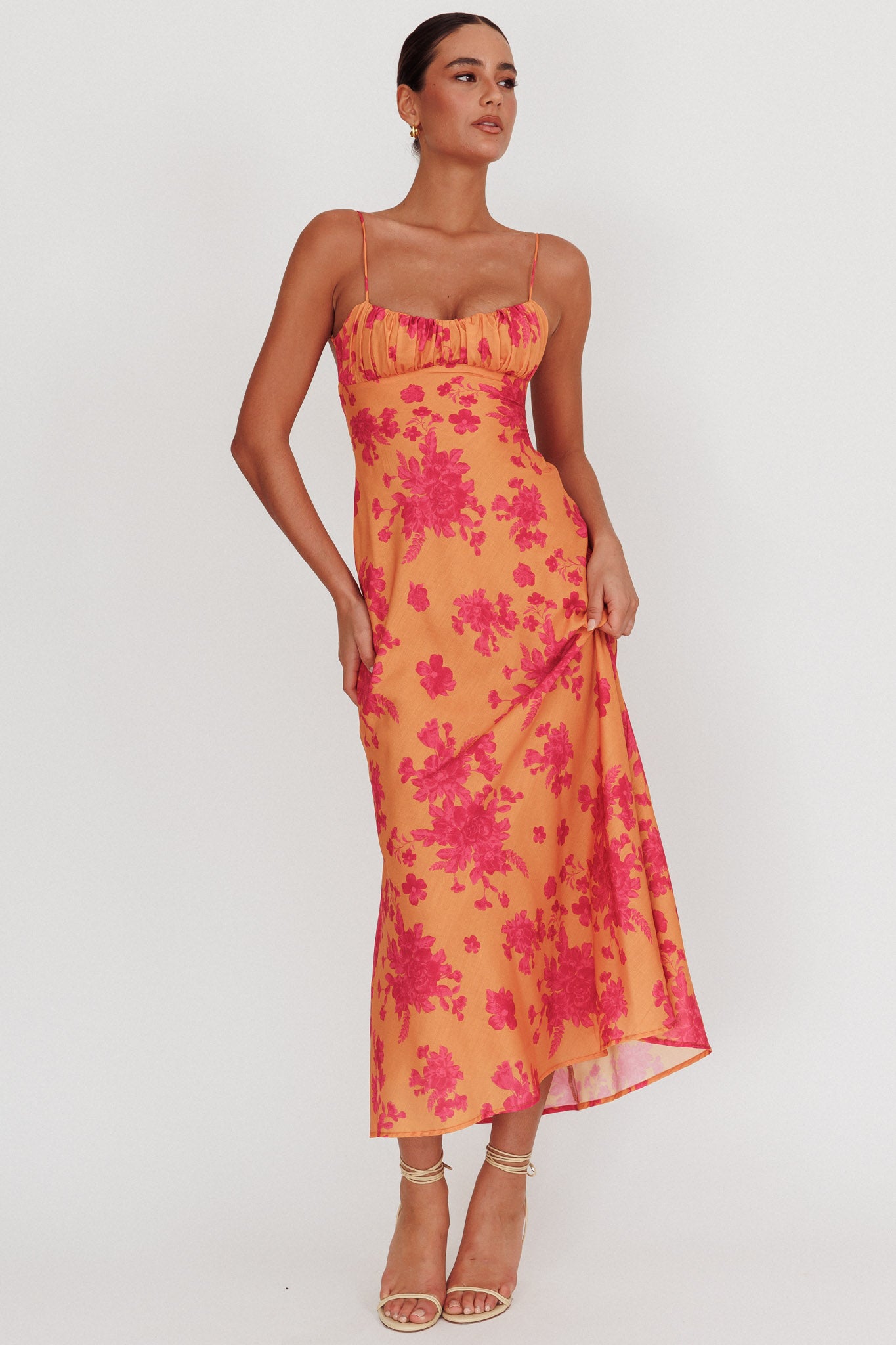 Nerida Low Back Twist Floral Maxi Dress Orange by Selfie Leslie Australia