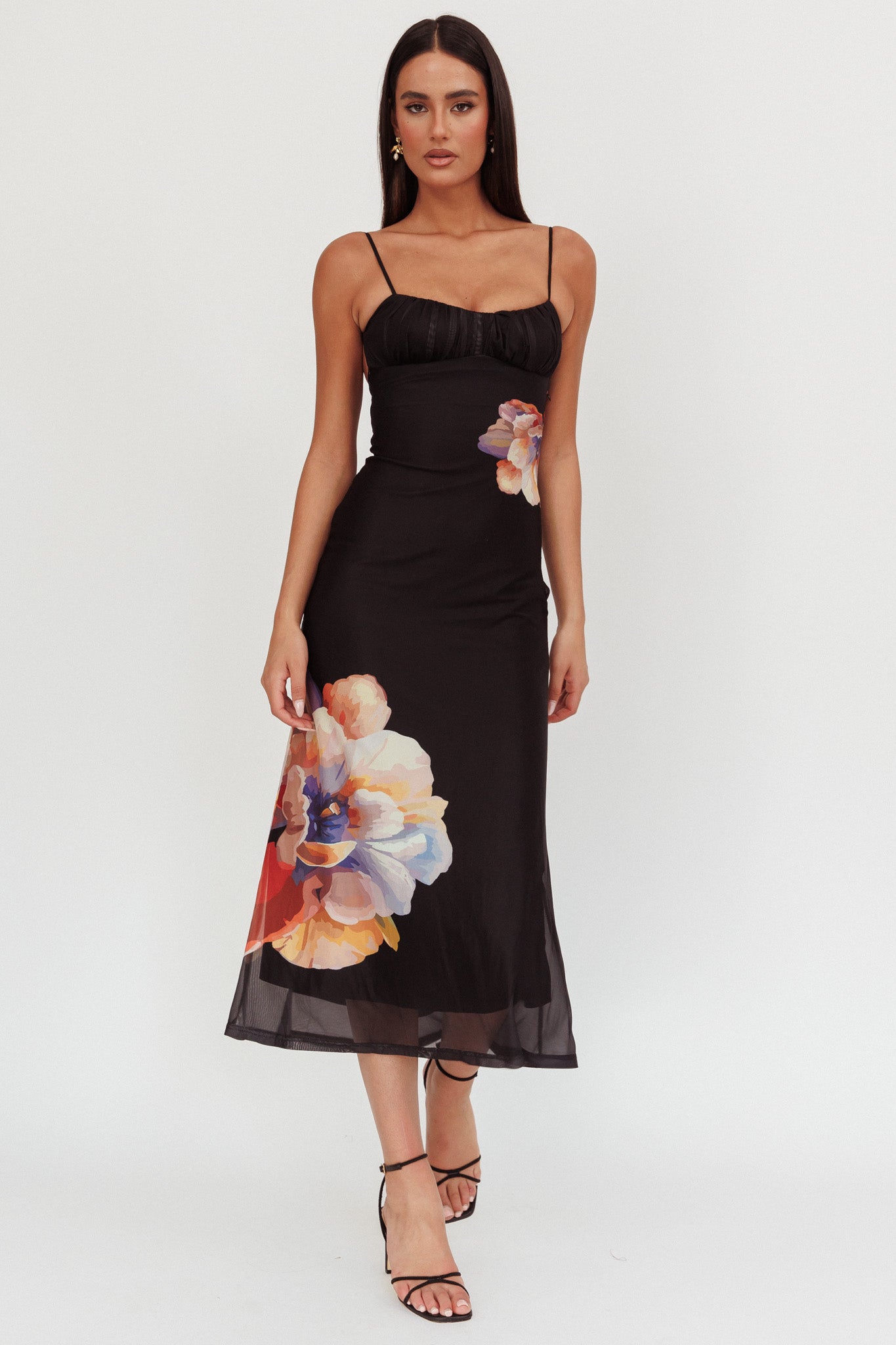 Nerida Gathered Bust Maxi Dress Flowers Black by Selfie Leslie Australia