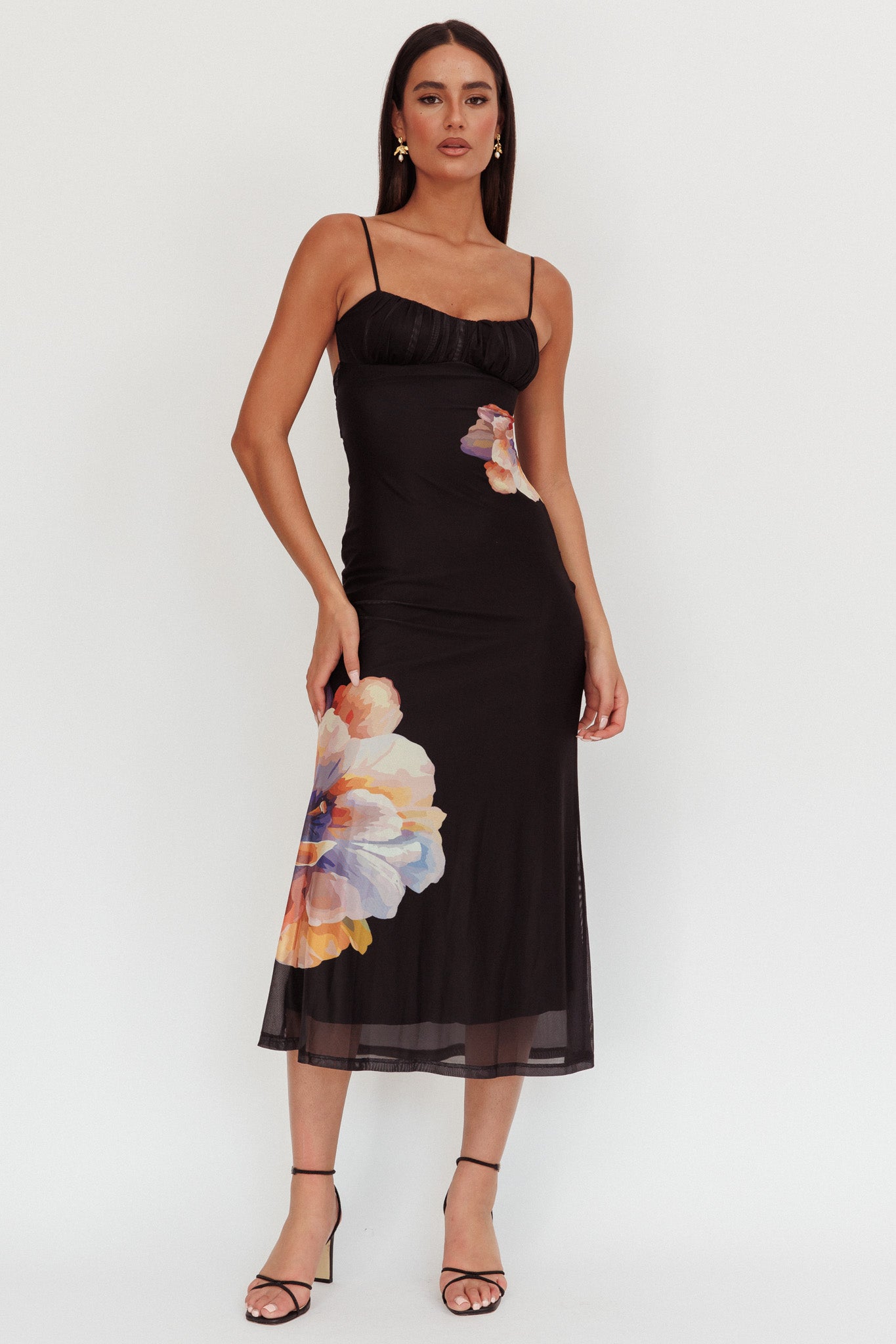 Nerida Gathered Bust Maxi Dress Flowers Black by Selfie Leslie Australia