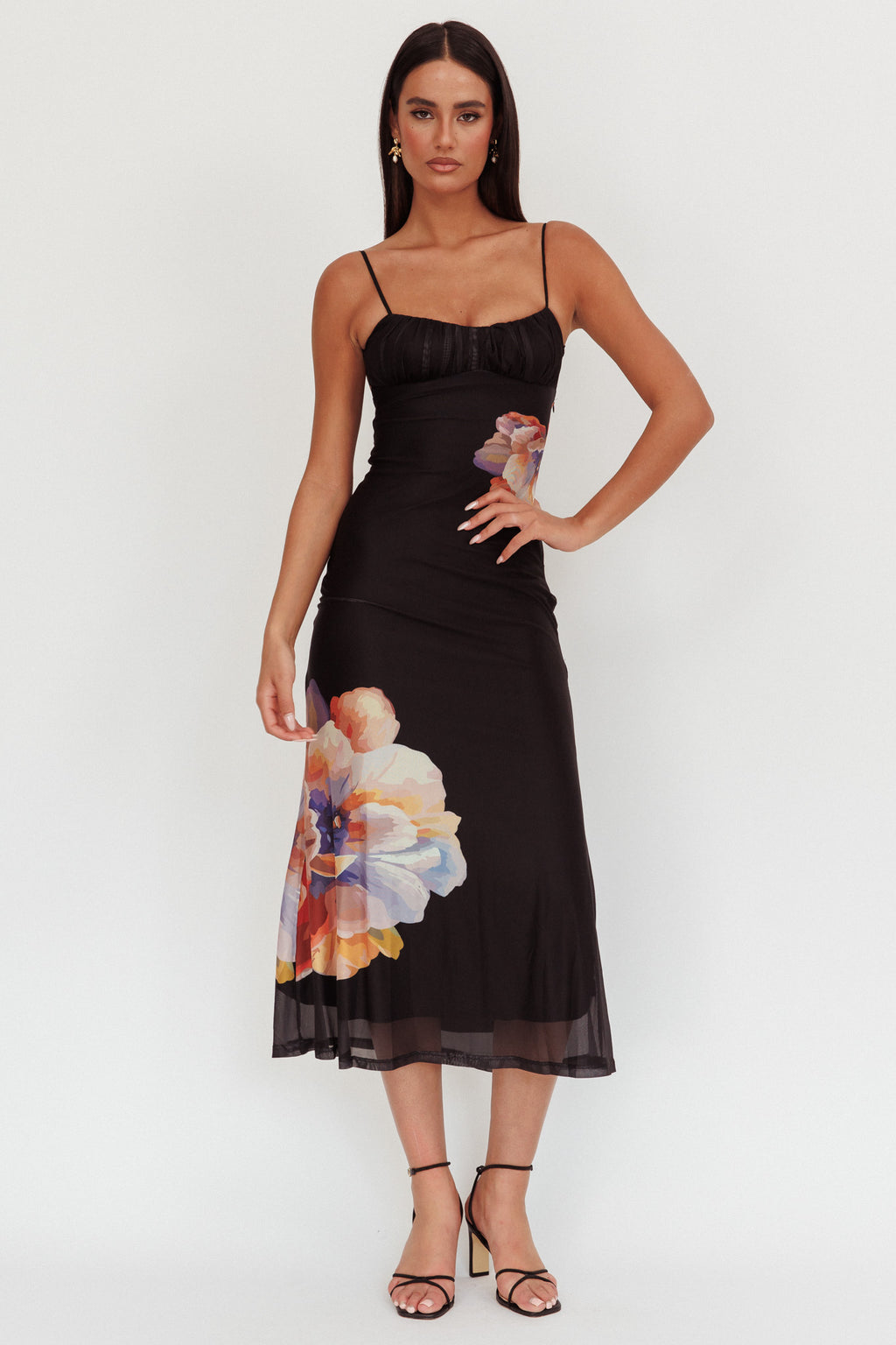 Nerida Gathered Bust Maxi Dress Flowers Black by Selfie Leslie Australia