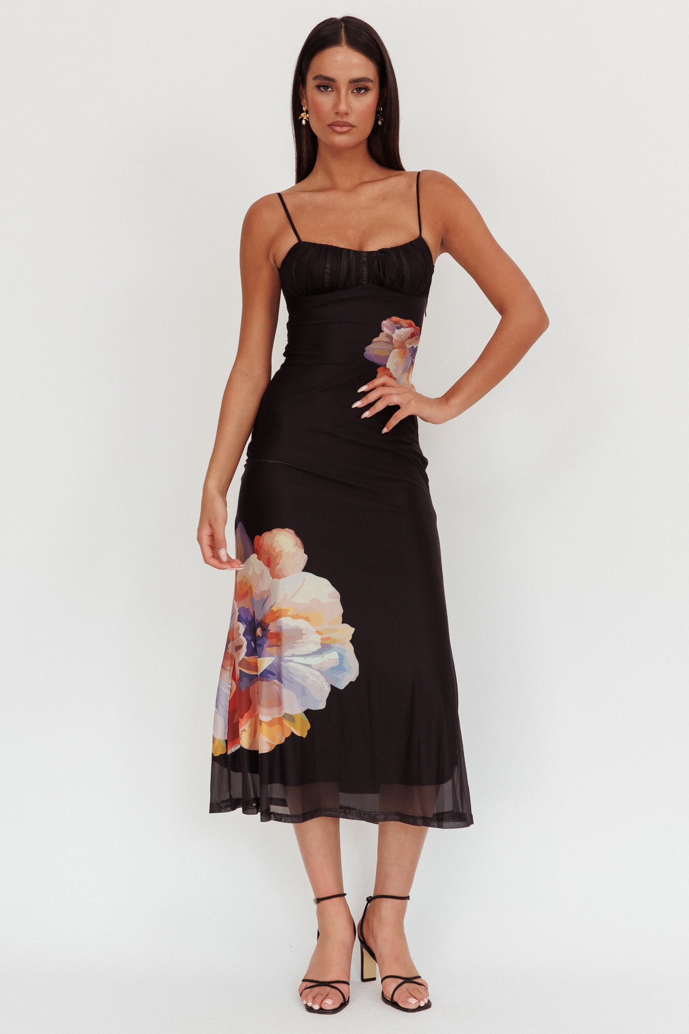 Nerida Gathered Bust Maxi Dress Flowers Black by Selfie Leslie Australia
