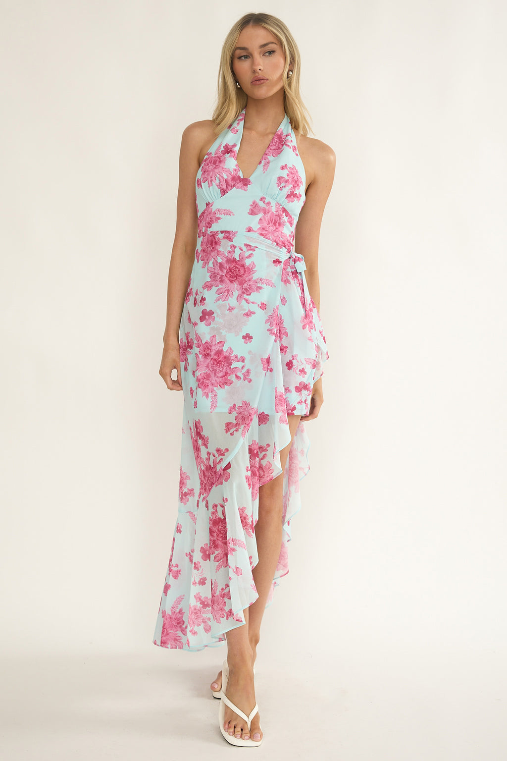 Nerida Waist Tie Asymmetric Dress Floral Ice Blue by Selfie Leslie Australia