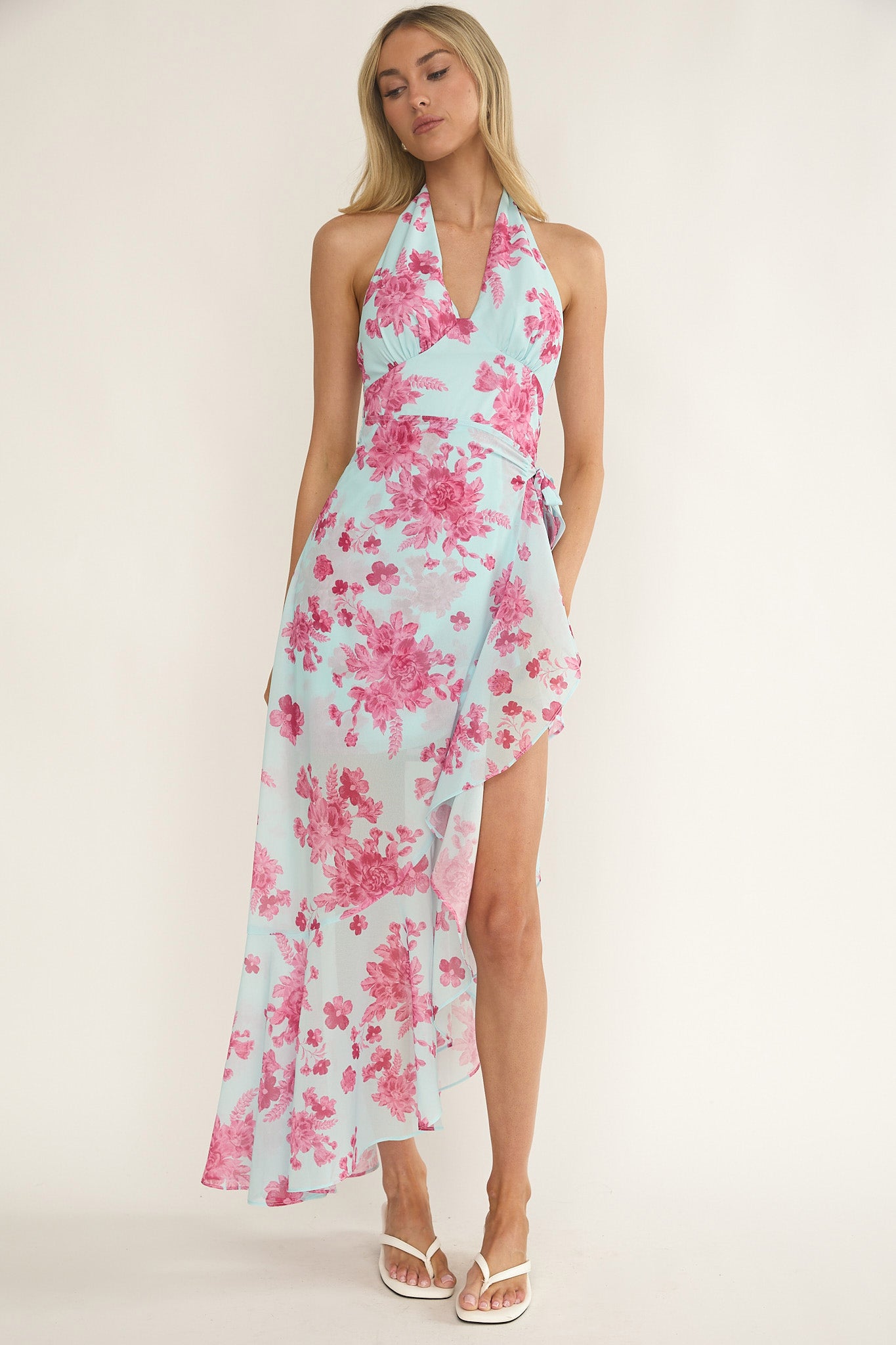 Nerida Waist Tie Asymmetric Dress Floral Ice Blue by Selfie Leslie Australia
