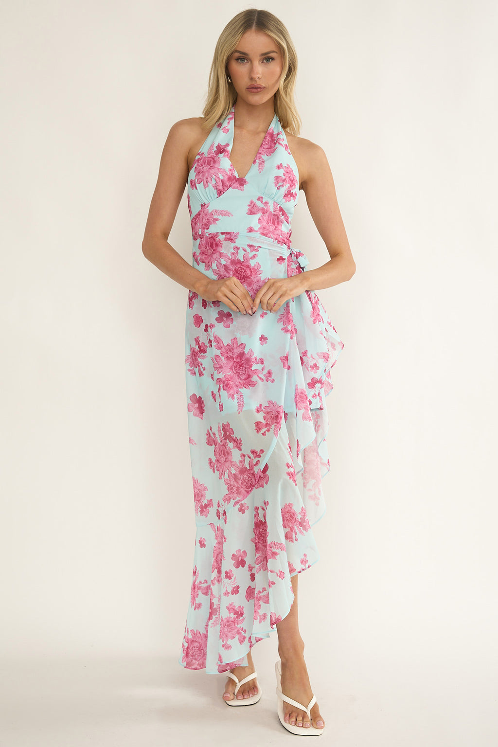 Nerida Waist Tie Asymmetric Dress Floral Ice Blue by Selfie Leslie Australia