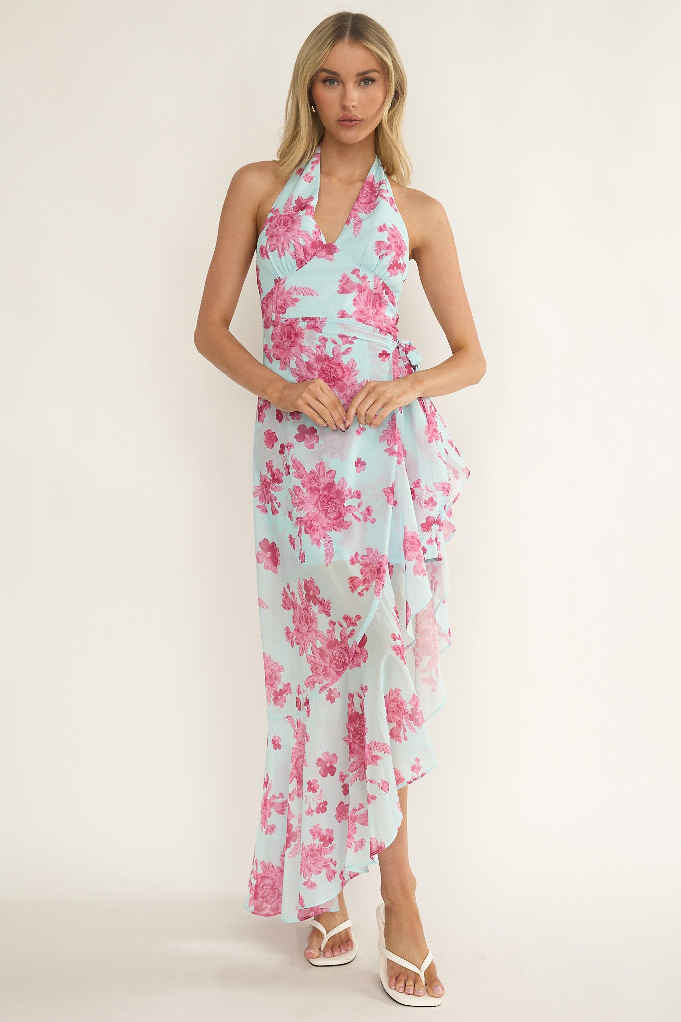 Nerida Waist Tie Asymmetric Dress Floral Ice Blue by Selfie Leslie Australia